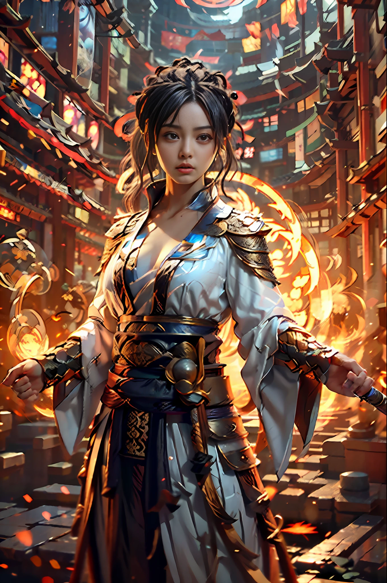 Best quality,masterpiece,ultra high res,(photorealistic:1.4),xiuxian,weapon,Detailed face,
1girl,solo,weapon,cleavage,(magic circle:1.2),xiuxian,upper body,Beautiful girl,full body,east asian architecture,sheath,architecture,