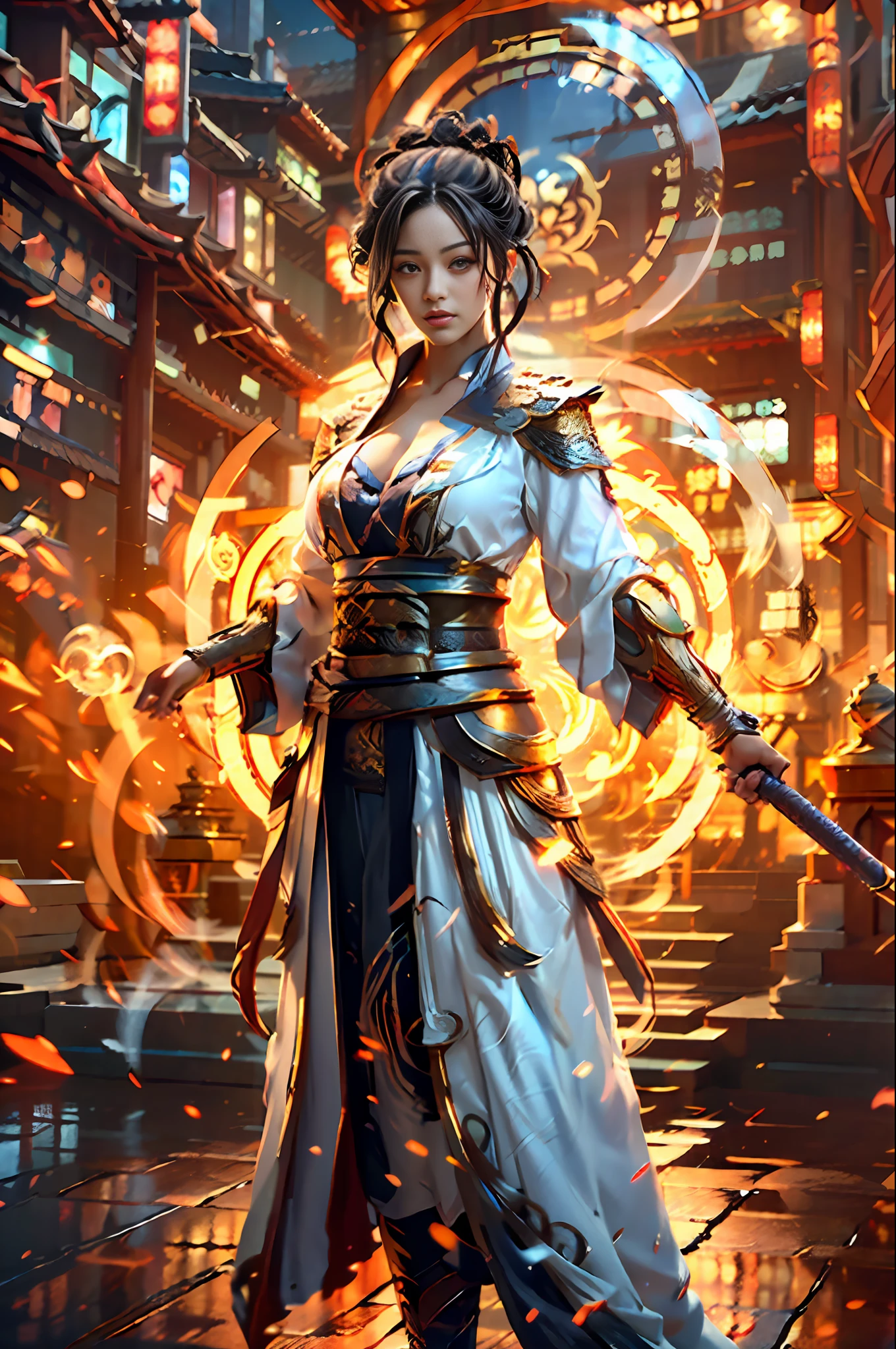 Best quality,masterpiece,ultra high res,(photorealistic:1.4),xiuxian,weapon,Detailed face,
1girl,solo,weapon,cleavage,(magic circle:1.2),xiuxian,upper body,Beautiful girl,full body,east asian architecture,sheath,architecture,