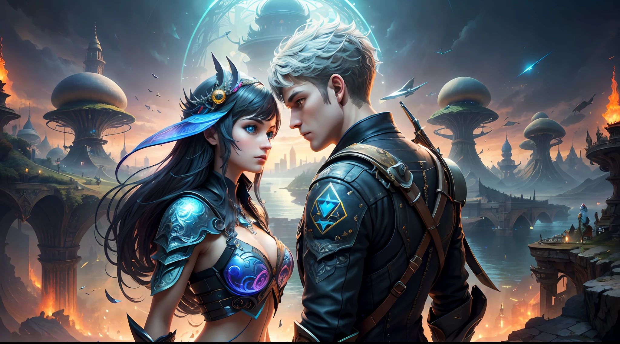 (((Multiplayer, Vivid Eyes, Man and Woman))), Best Quality, Realistic, Realistic, Award-Winning Illustrations, (Intricate Details: 1.2), (Fine Details), (Intricate Details), (Cinematic Light, Best Quality Backlight), Clear Lines, Sharp Focus, Official Art, Unity 8k Wallpapers, Ridiculous, Incredibly Absurd, Fantasy Art, (((Full Body Portrait))), RTX, ((Award-winning Triangle Studio Close-up Photo)), 1 couple, (shut up), best quality, 4K, beautiful mysterious creatures, female, flying, surrealism, masterpiece by ncwinters, in a mysterious country town, masterpiece, intricate details, ff14style, urban painting, bridge, river, giant mushroom, landscape, bright colors,