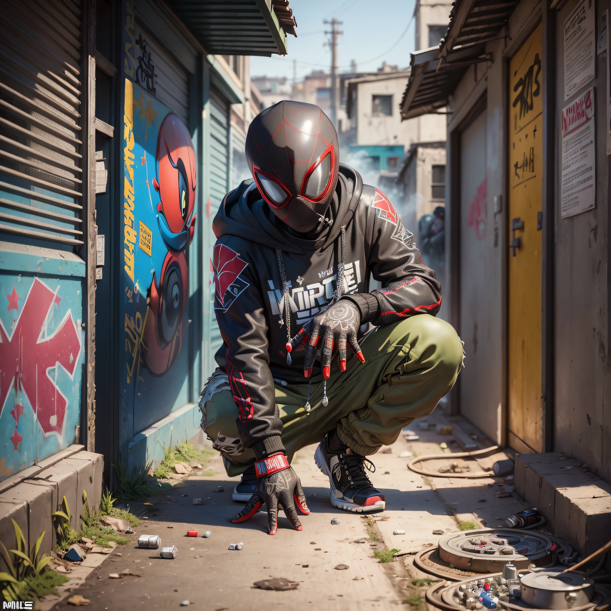 ((best quality)), ((masterpiece)), ((realistic)), hip hop, Miles Morales, street, favela, spray can, graffiti, smoke and dust, sparkles, divine rays real aura, trend in artstation, sharp focus, studio photo, intricate detail, very detailed, detailed eye, illustration, very detailed, sharp focus, digital rendering, professional, 16k --auto --s2