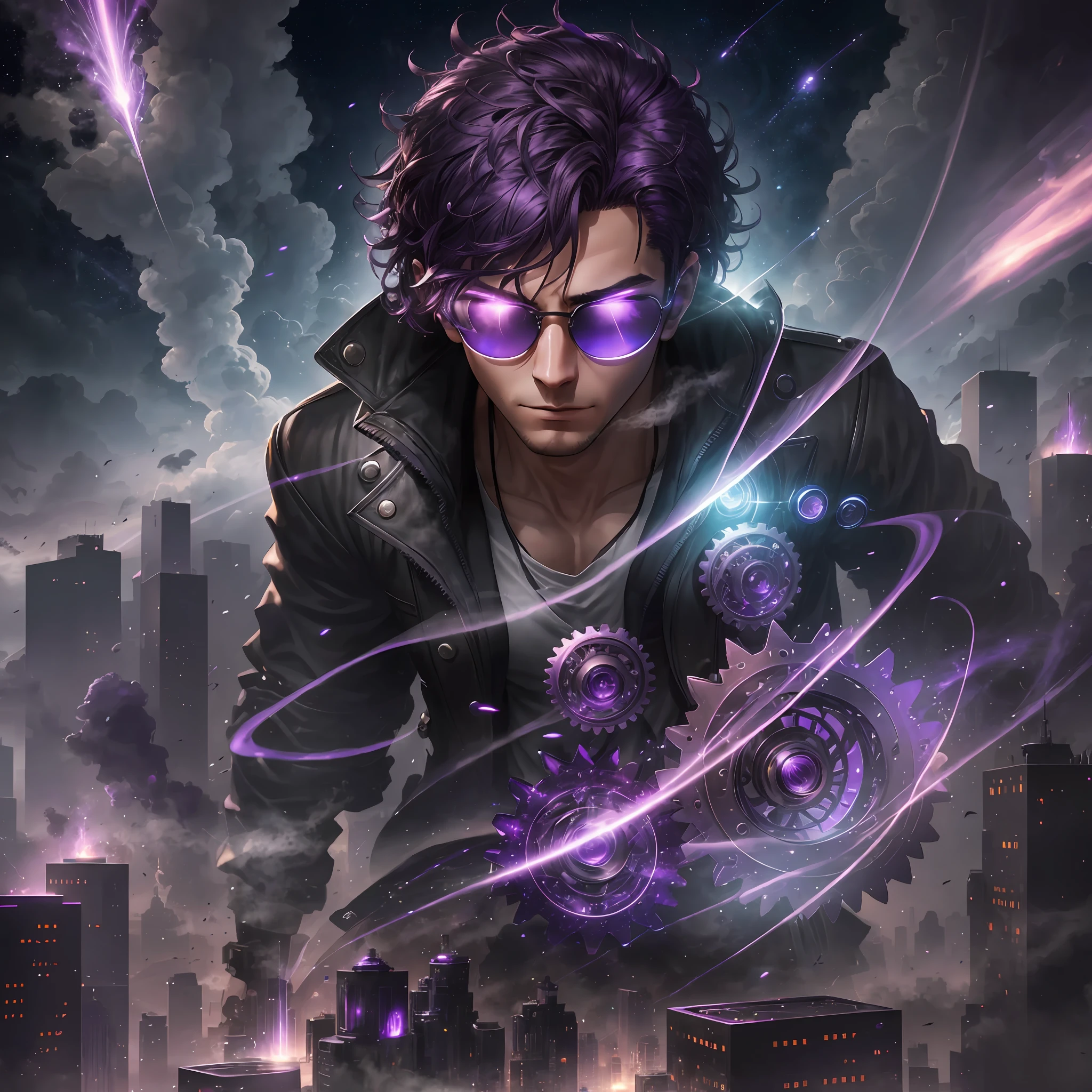 best illustration, realistic details, detailed, 1 Man, 1 Man, Young 19 years, beautiful, detailed skin, full body, Dark Purple Hair, Pupils of eyes Purple and bright, Wearing a Magician's Jacket of color Black, looking at the viewer, On a roof overlooking futuristic cityscapes, starry night sky, dark environment shattering glasses in fractal particle effects, volumetric fogs on the horizon, levitating, emotional and powerful vibration, machine gears aerial perspective, detailed background, third rule, sharp focus, depth of field.