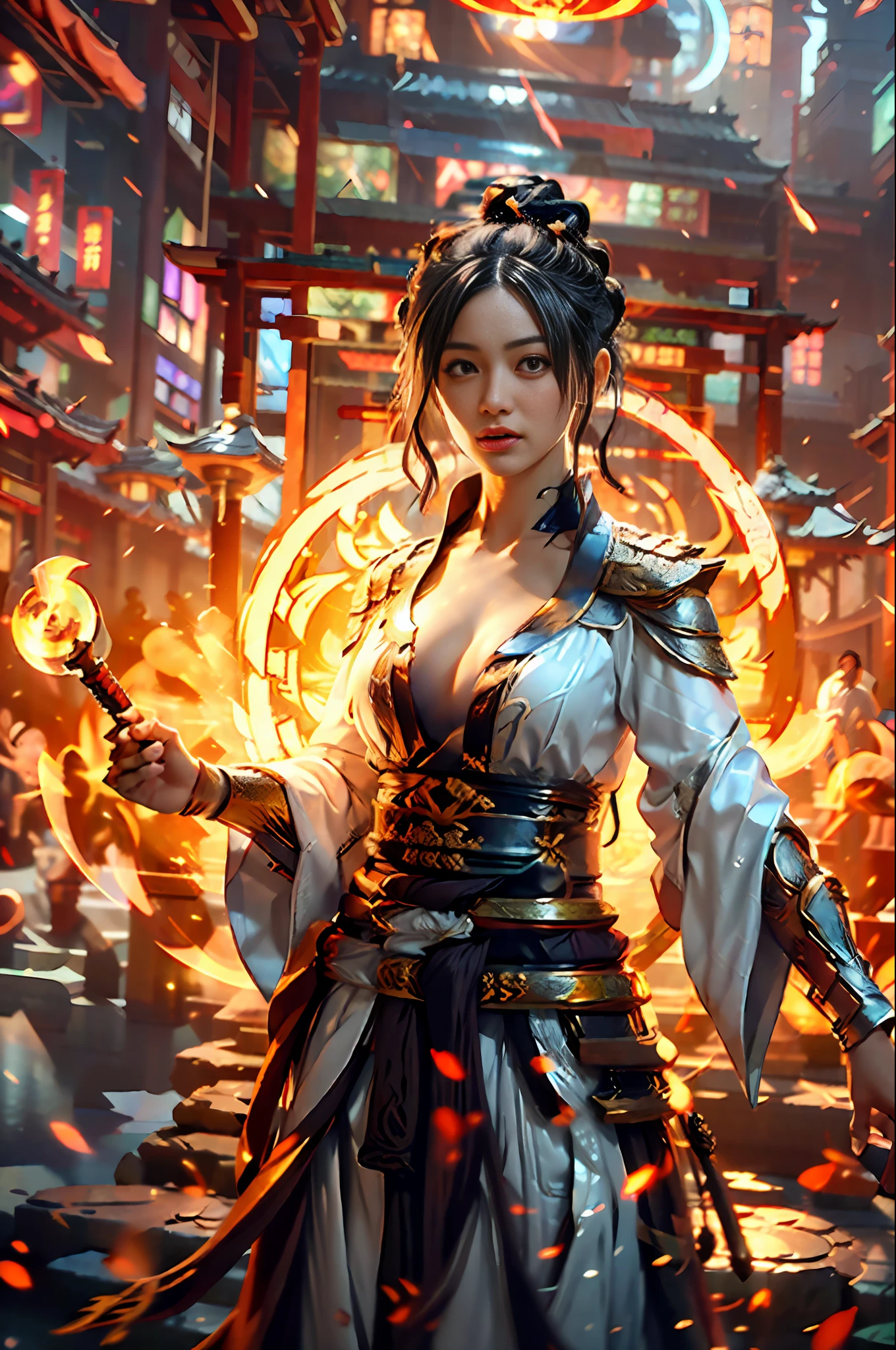 Best quality,masterpiece,ultra high res,(photorealistic:1.4),xiuxian,weapon,Detailed face,
1girl,solo,weapon,cleavage,(magic circle:1.2),xiuxian,upper body,Beautiful girl,full body,east asian architecture,sheath,architecture,