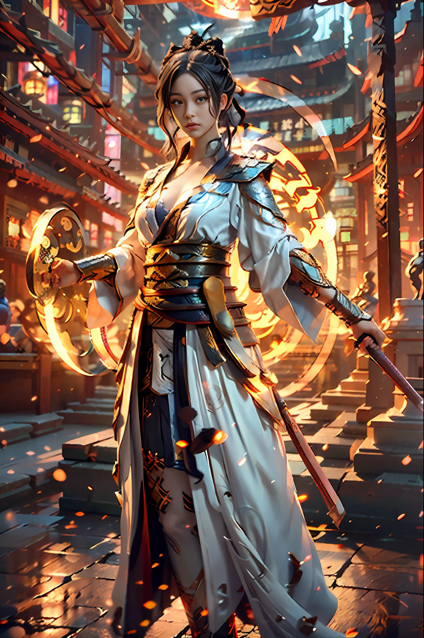 Best quality,masterpiece,ultra high res,(photorealistic:1.4),xiuxian,weapon,Detailed face,
1girl,solo,weapon,cleavage,(magic circle:1.2),xiuxian,upper body,Beautiful girl,full body,east asian architecture,sheath,architecture,