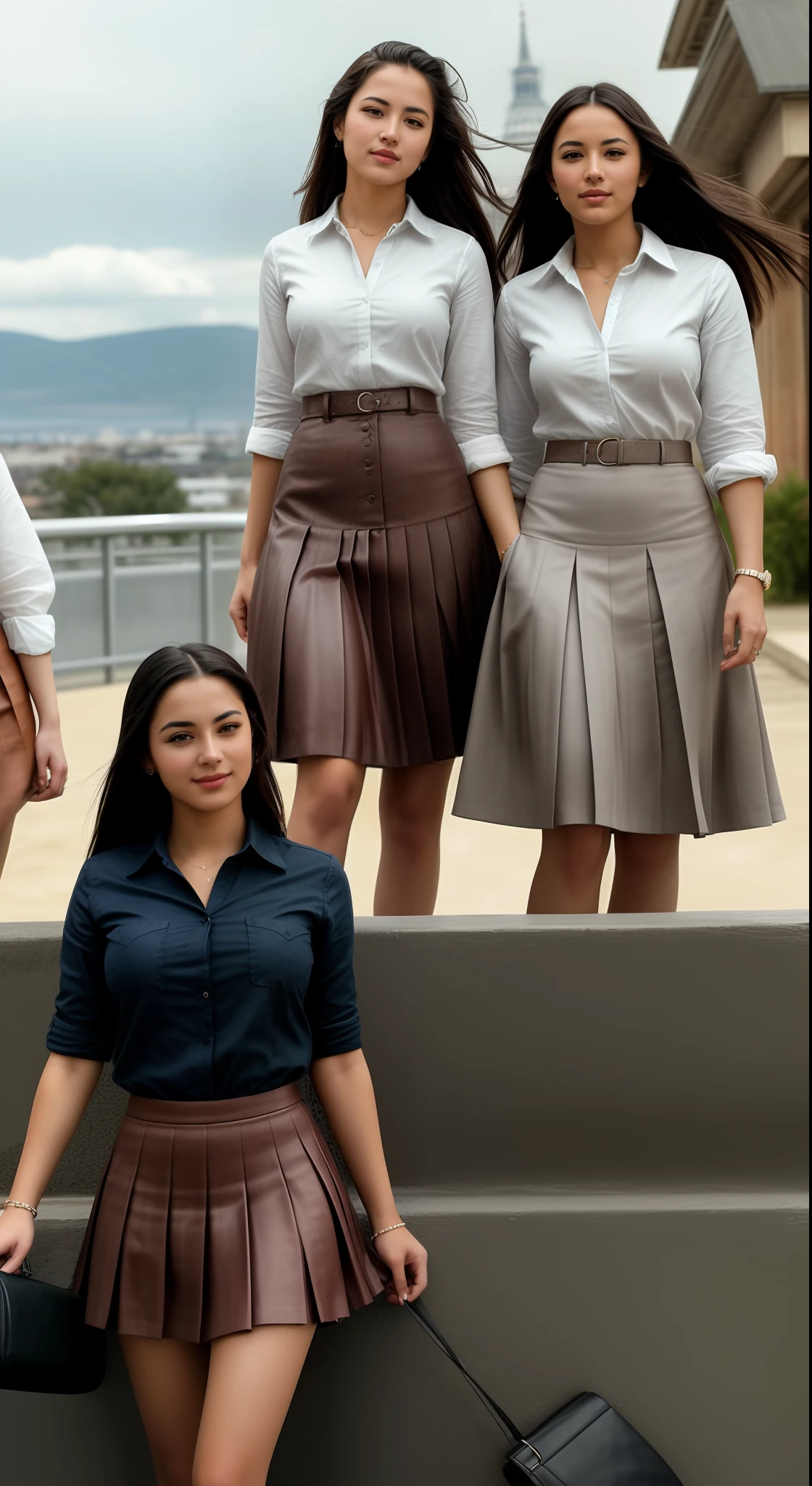 35mm f1.4 Kodak portra 400 group photograph, extremely high quality RAW group photograph, (1959 lesbian:1,7 long skirt kissing:1,6 conference), (shy) authentic (kind and tender) lesbian women wearing short blazers with a very very detailed (long (fully pleated) full circle skirts) and (simple) low heeled office shoes, very very intricate hyper-detailed symmetric (attractive graceful young feminine faces) with (sad, tired) eyes and a (flirty smiles:1.3), full of empathy and compassion and love, (pronounced feminine features:1,3), big boobs, large breasts, (highly detailed ultra accurate realistic:1,1) hands and fingers, ((windy conditions and wind blowing)), epic composition, highly detailed attributes, highly detailed atmosphere, detailed background, intricate, Exquisite details and textures, highly detailed