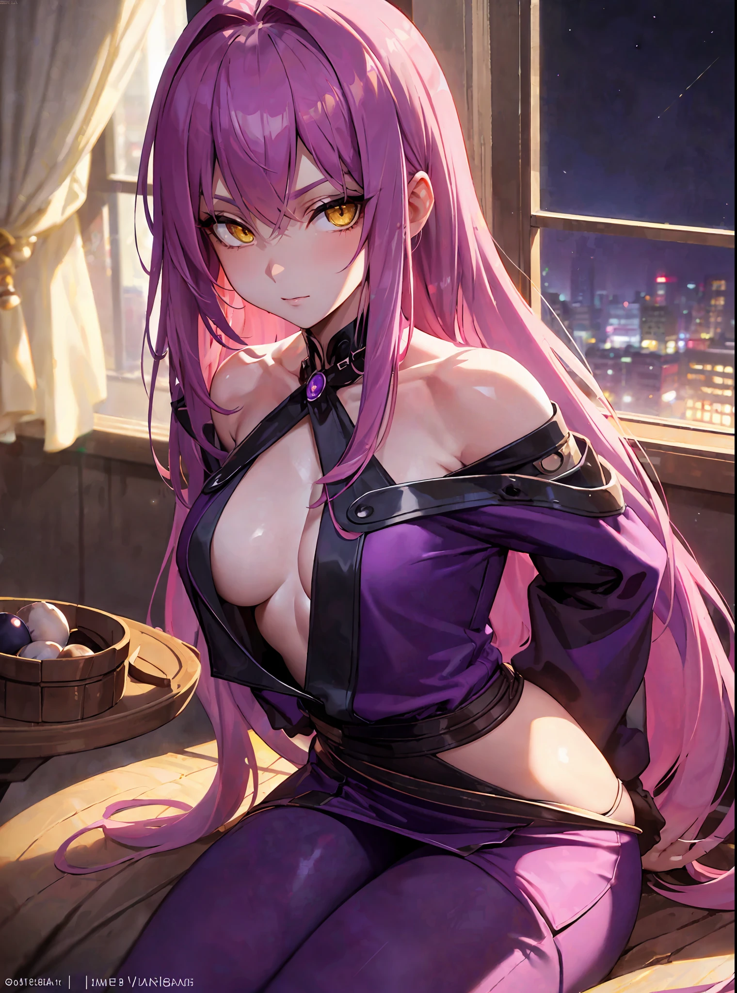 (masterpiece, best quality) an adult woman with very long pink hair, sitting, ((purple clothes)), unbuttoned shirt, ponytail, (night), long stockings, , ((sexy)), ((sentana in an office)), queen, only one character, yellow eyes, serious, emotionless, bed, dusk, seductress, white room, straight bangs, very long pink hair, ((alone)), evil, (yellow eyes), flirtatious, gothic, window, moonlight,  medium chest, head-to-waist portrait, cinematics, (solo), color oil painting, cinematic lighting, extremely detailed face, finely detailed face, beautiful face, beautiful eyes, perfect lighting, depth of field, (realistic proportions), (good anatomy)