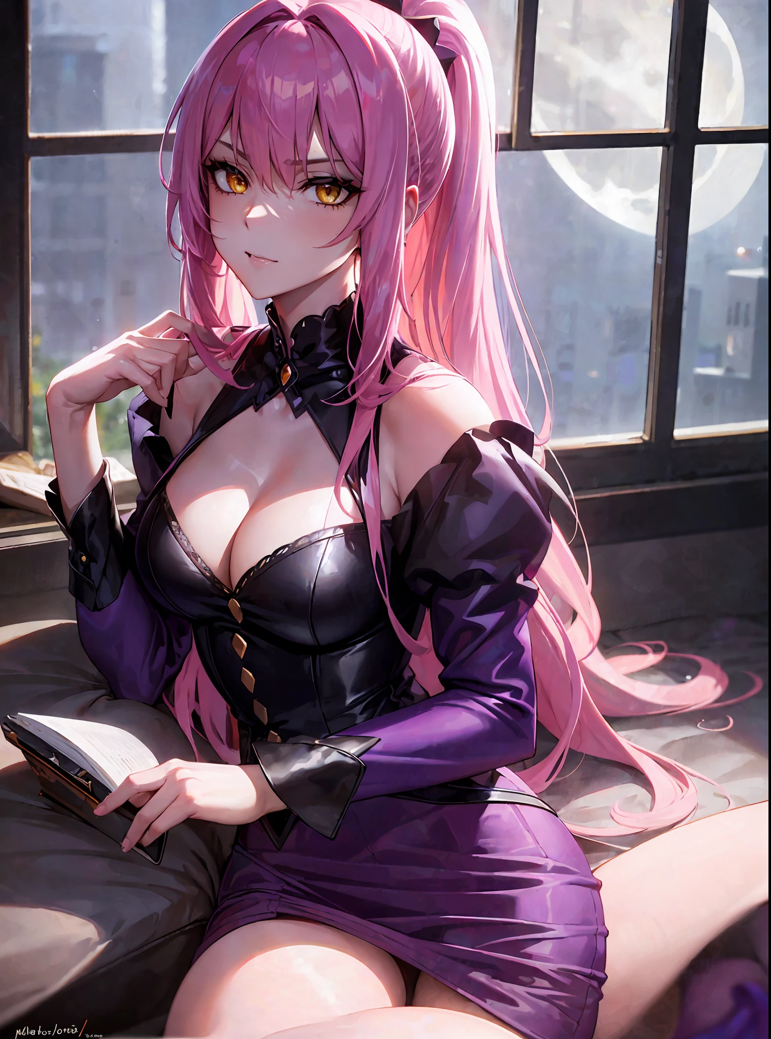 (masterpiece, best quality) an adult woman with very long pink hair, sitting, ((purple clothes)), unbuttoned shirt, ponytail, (night), long stockings, , ((sexy)), ((sentana in an office)), queen, only one character, yellow eyes, serious, emotionless, bed, dusk, seductress, white room, straight bangs, very long pink hair, ((alone)), evil, (yellow eyes), flirtatious, gothic, window, moonlight,  medium chest, head-to-waist portrait, cinematics, (solo), color oil painting, cinematic lighting, extremely detailed face, finely detailed face, beautiful face, beautiful eyes, perfect lighting, depth of field, (realistic proportions), (good anatomy)