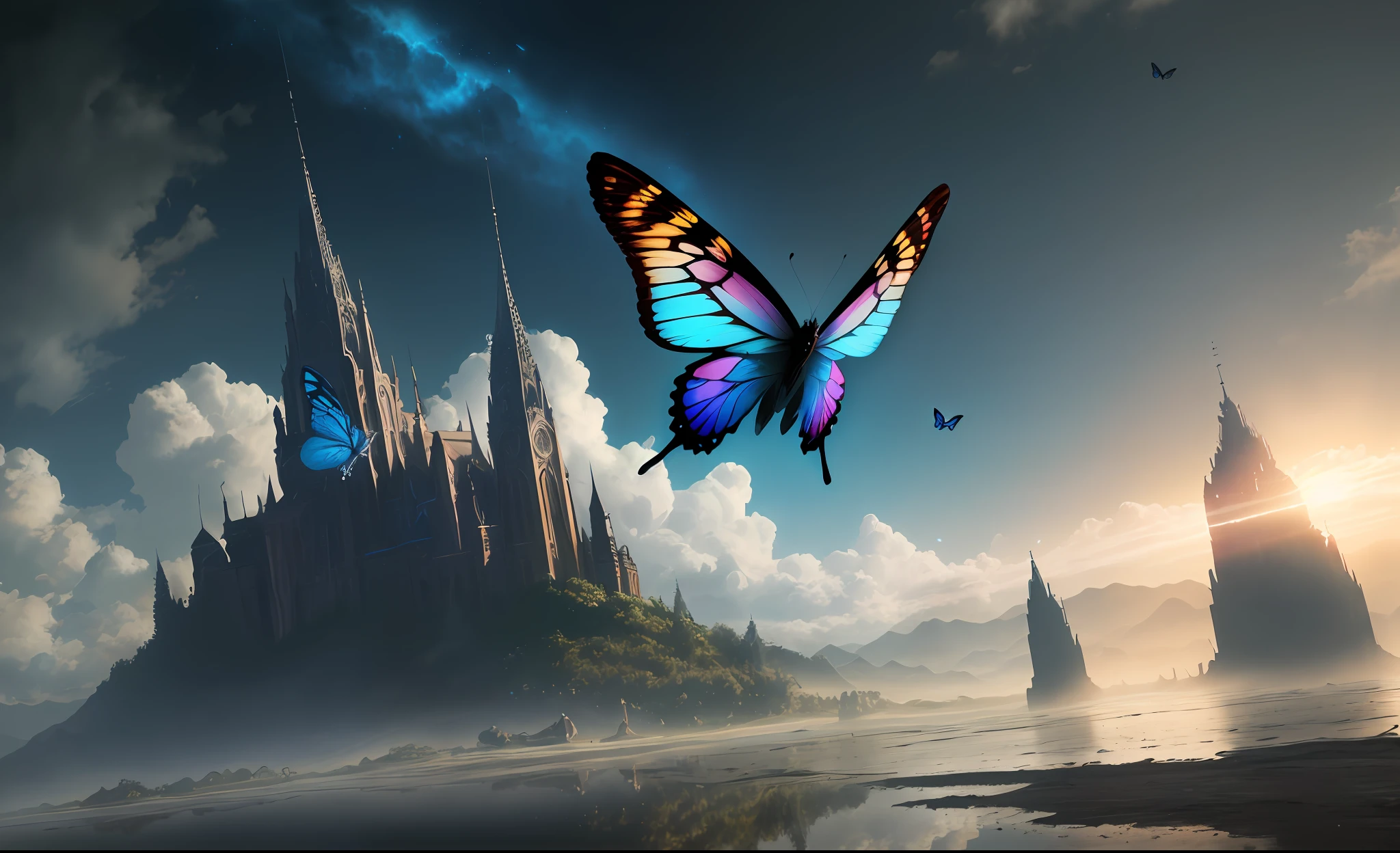 Photo of the world's most beautiful artwork featuring a flying utopian butterfly (vibrant, realistic photo, realistic, dramatic, dark, sharp focus, 8K), (global lighting, gloomy environment, volumetric half light)