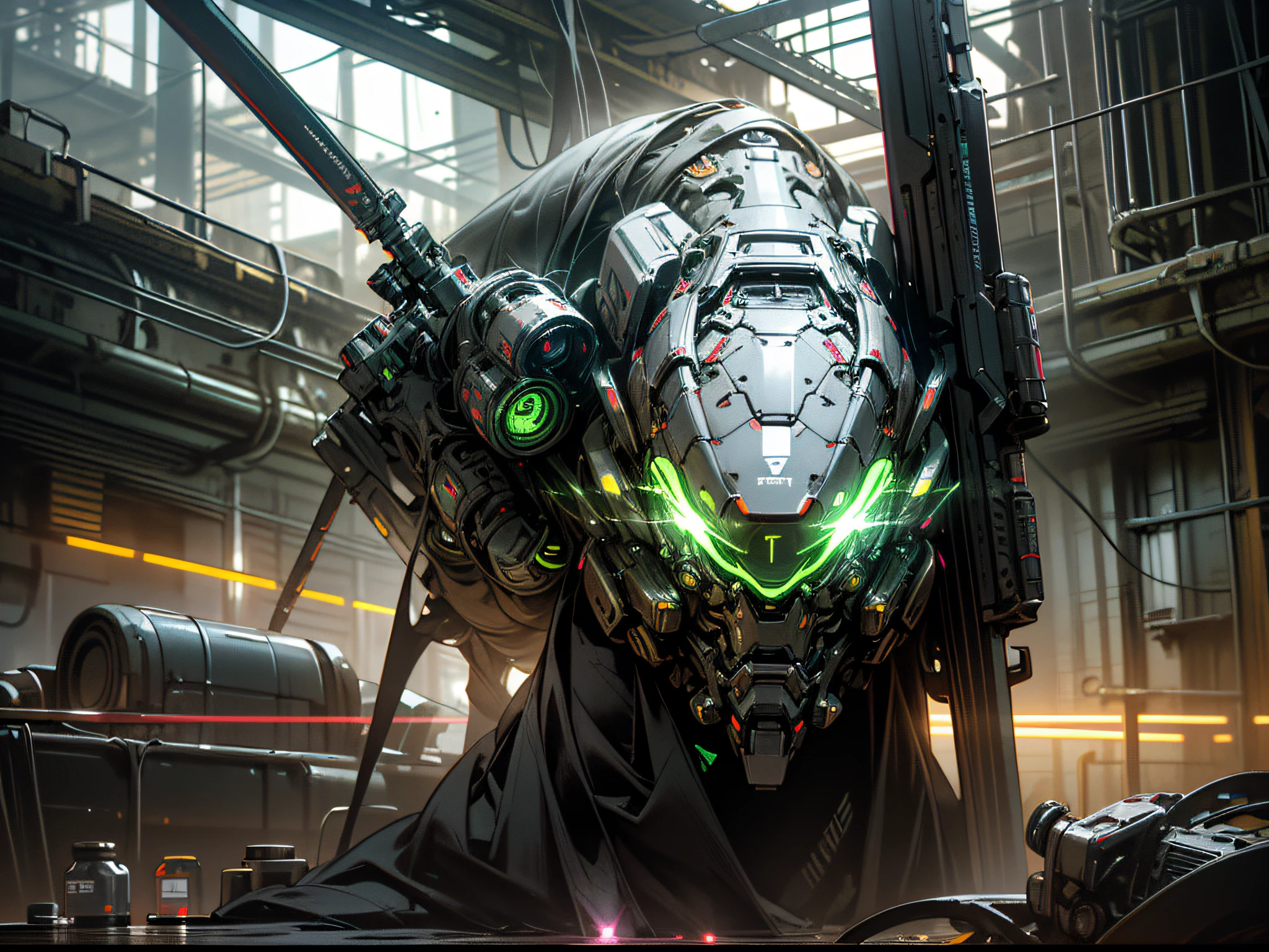 ruins, holding_weapon, no_humans, bright, construction, glowing_eyes, orange reactor, fusion engine, neon green, science_fiction, realistic, background of the Milky Way galaxy, neon, cyberpunk, steampunk chrome white black,