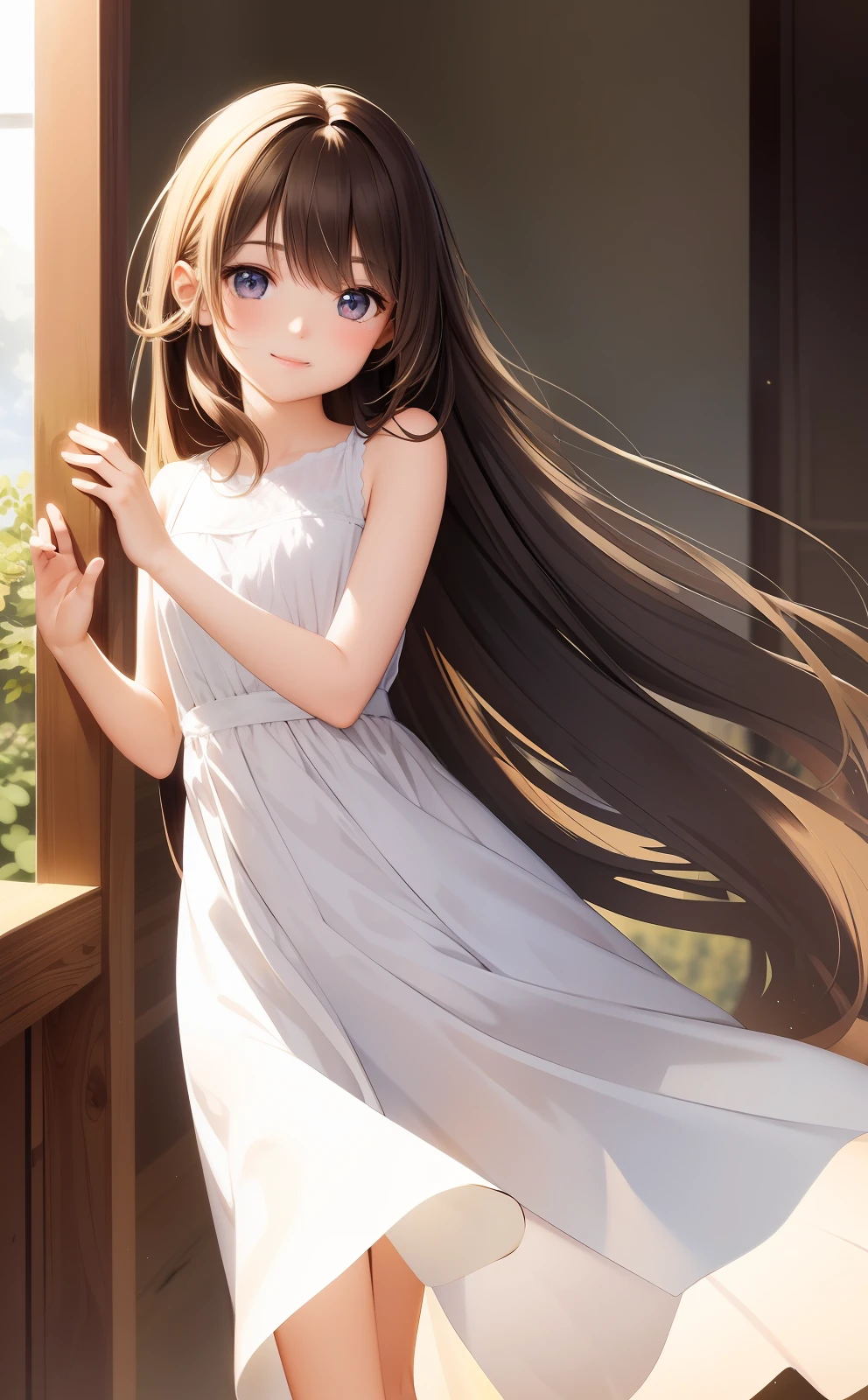 Smooth long hair, a person, fantasy, white figure, baby fat, girl, dress, HD details full of high-quality pictures, cute, normal limbs, body proportions coordination, facial features are correct and delicate, natural, sweet and cute, shy smile, natural light and shadow effects, eyes are ignorant, gently tilted head