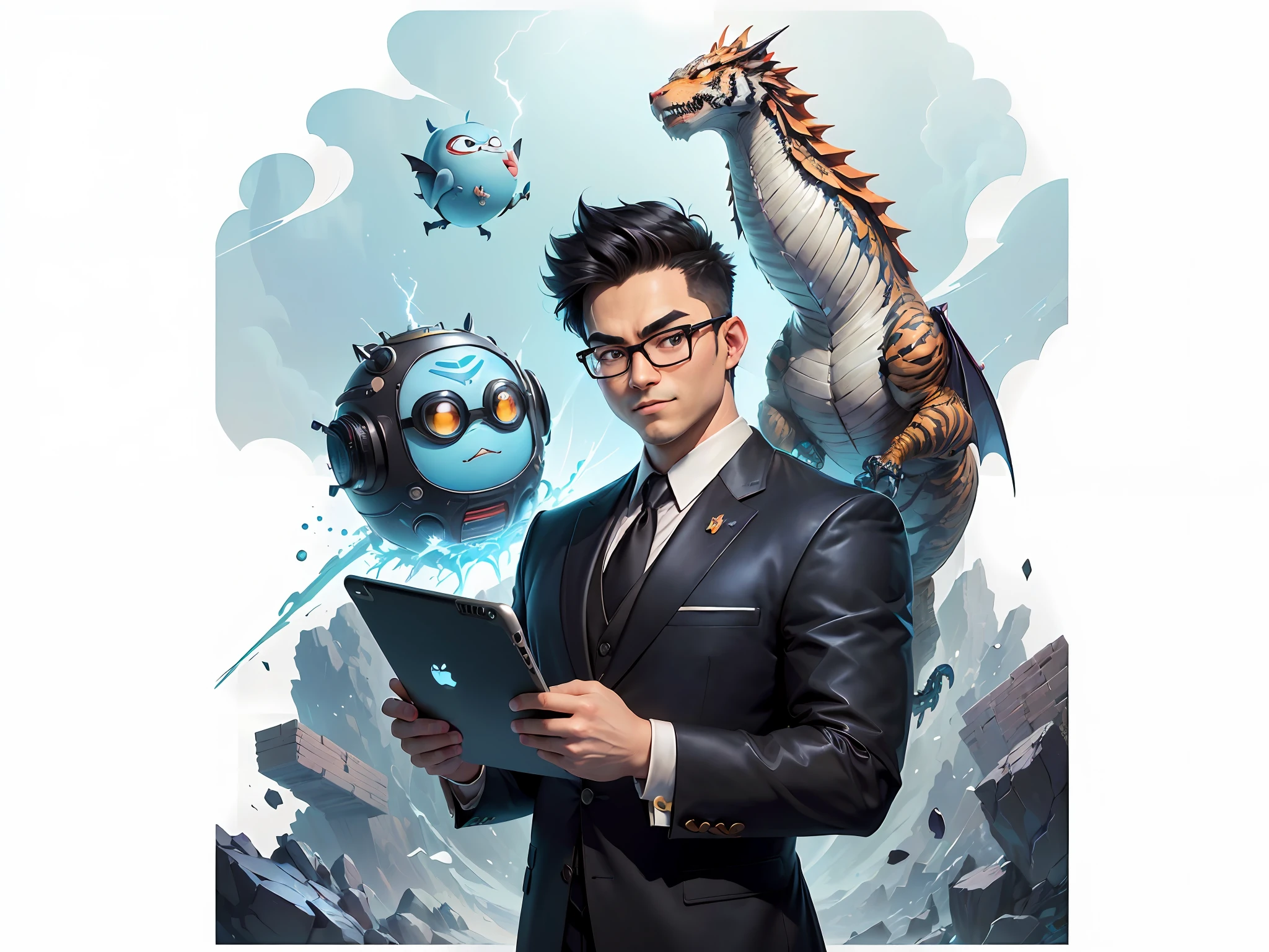 (((Masterpiece), (Excellent), (Super Meticulous), (Full Body: 1.2), Super Young Man, Oriental Face, Japanese Wind and Thunder God, Dragon, Tiger, TV Anchor, Bust Portrait Illustration, Alone, Black Formal Suit, Blue Tie, Slightly Chubby Face, Silver Glasses Face Very Clean No Beard, Black Super Short Hair, Black Eyes, Confident Smile, 3c Computer Sub-Products, iPad, iPhone, Digital Painting, 3D Character Design by Akira Toriyama and Mark Claireden and Pixar and Hayao Miyazaki, The illustration is a high-definition illustration in 4K resolution with very detailed facial features and cartoon-style visuals.