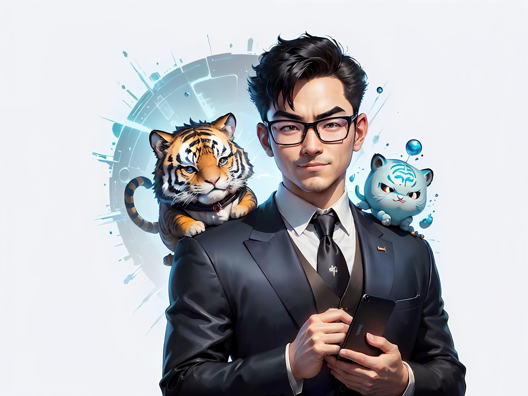 (((Masterpiece), (Excellent), (Super Meticulous), (Full Body: 1.2), Super Young Man, Oriental Face, Japanese Wind and Thunder God, Dragon, Tiger, TV Anchor, Bust Portrait Illustration, Alone, Black Formal Suit, Blue Tie, Slightly Chubby Face, Silver Glasses Face Very Clean No Beard, Black Super Short Hair, Black Eyes, Confident Smile, 3c Computer Sub-Products, iPad, iPhone, Digital Painting, 3D Character Design by Akira Toriyama and Mark Claireden and Pixar and Hayao Miyazaki, The illustration is a high-definition illustration in 4K resolution with very detailed facial features and cartoon-style visuals.