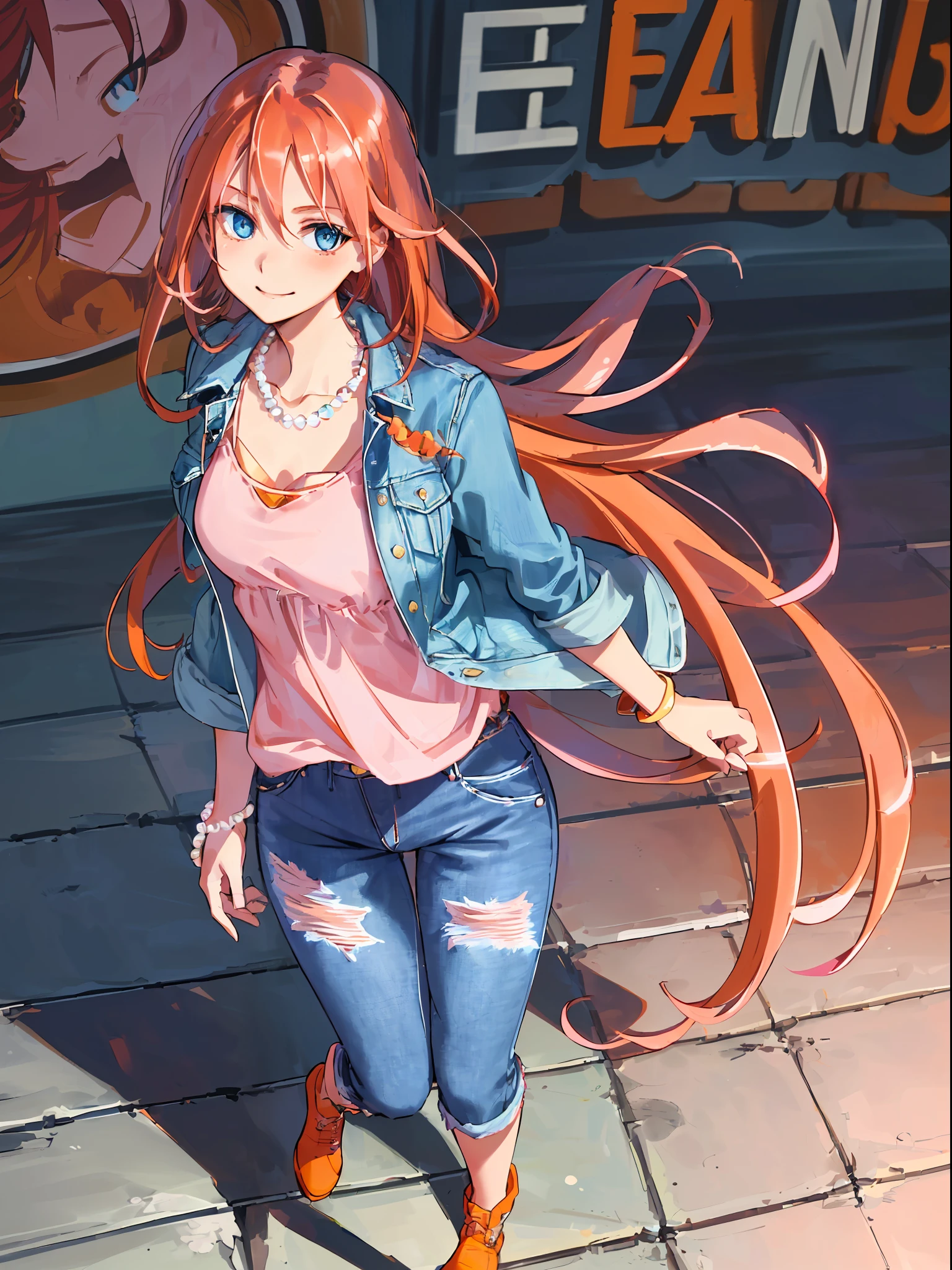 ((highest quality, masterpiece, 4k, finely detailed, detailed eyes, detailed face, gelbooru, pixiv)), warm lighting, ((solo)), 1 female, beautiful, (female), adult woman, white Brazilian, closeup of the face, portrait, light blush on the cheeks, smiling, looking at the viewer, ((enthusiastic eyes, blue eyes)), emo, (((denim jacket)), ((pink long tank top)), ((collated jeans)), bracelets and bracelets, ((pearl necklace)),  ((full body)), ((red hair, orange hair, long length hair, neat hairstyle, neat hair, straight hair half wavy at the ends)), city background