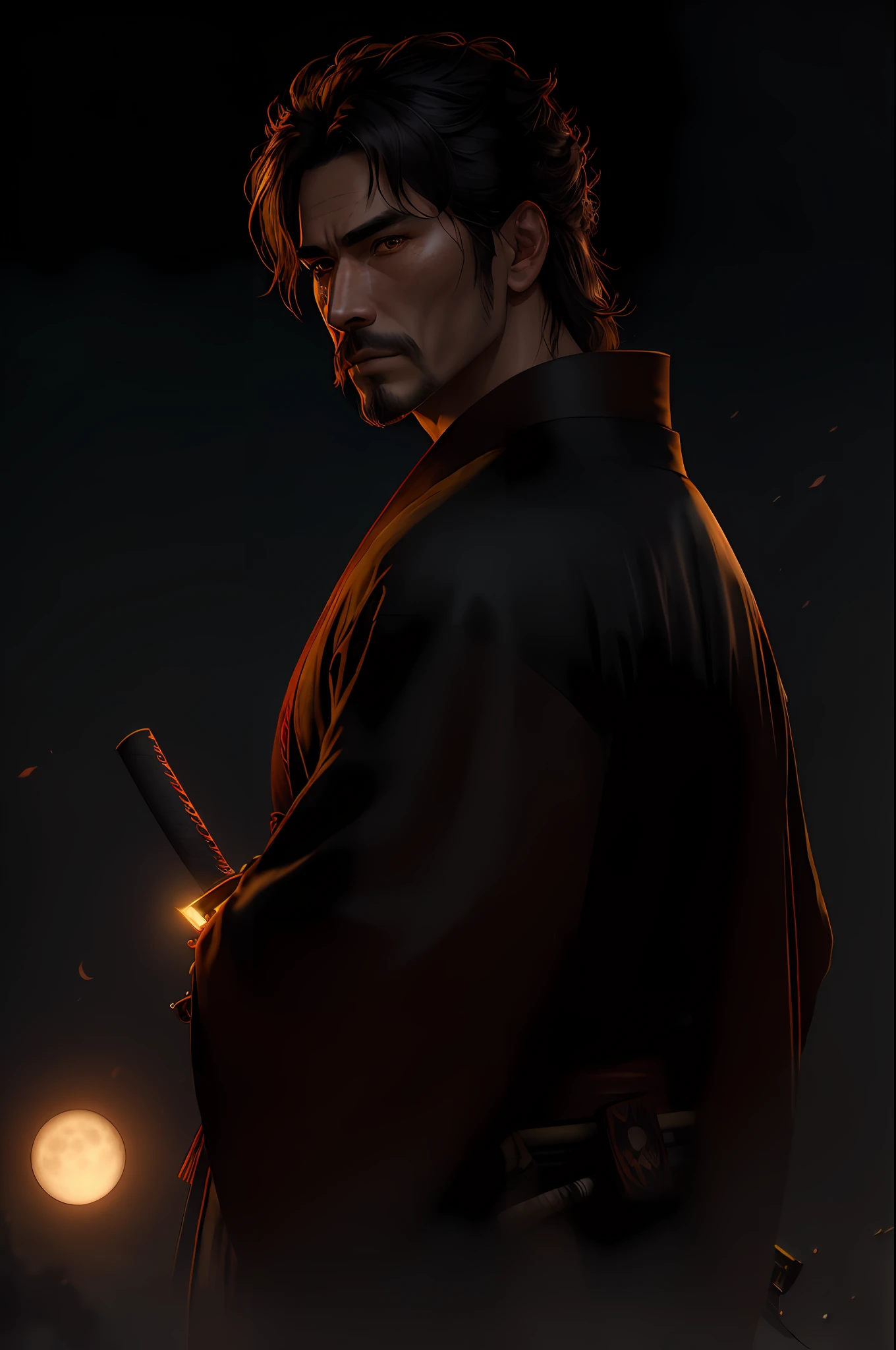 best quality, (wide shot), cgsociety, 8k, ultrarealistic, handsome male samurai, kimono, open field, night, moon Cinematic light, intricate detail, detailed facial features, high detail, sharp focus, smooth, aesthetic, extremely detailed, (by greg rutkowski:1), (by luis royo:1), by artgerm, Stephen Kasner, John Picacio