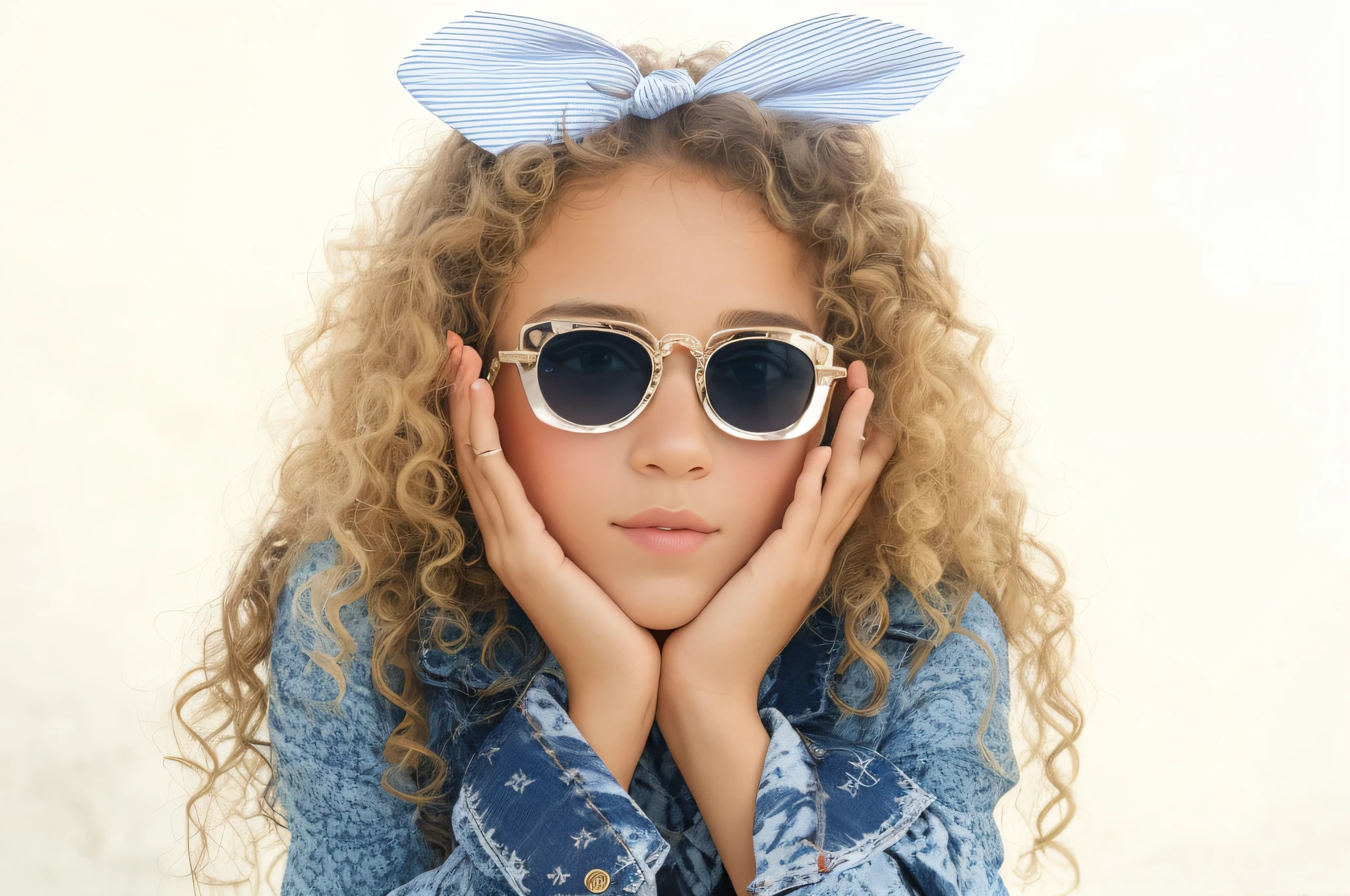 arafed girl with curly hair wearing sunglasses and a bow, girl with glasses, with sunglass, wearing cool sunglasses, with sunglasses, sunglasses on, young and cute, katelynn mini cute style, wearing blue sunglasses, alexa grace, modeling shoot, blue sunglasses, wearing sunglasses, photo shoot, in sun glasses, bright sunny day, beautiful cute, music video