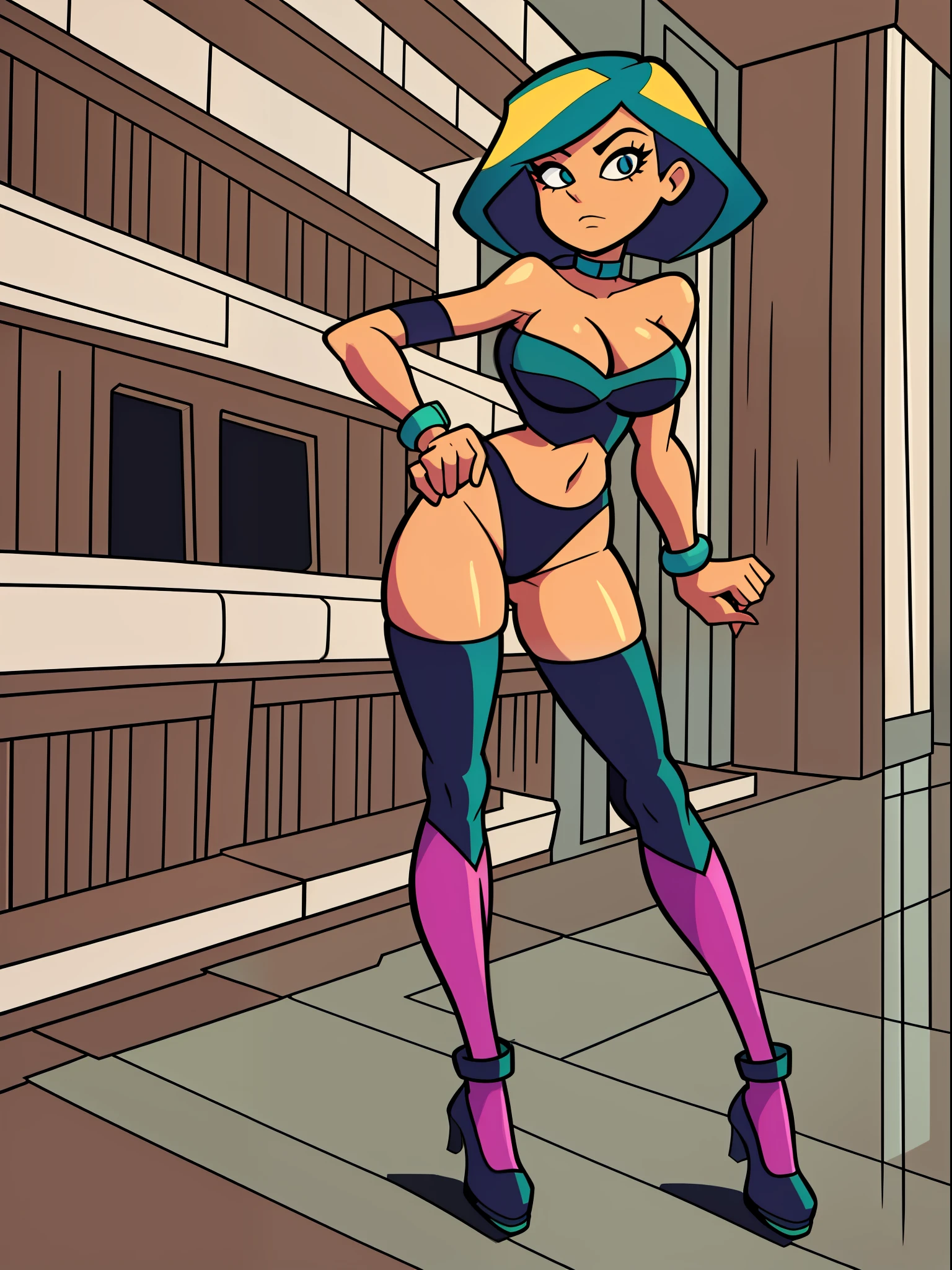 retro cartoon style, 1 , sexy clothing, glasshour body, full body, line illustration art, complex and changeable brushstrokes, background is a group of people supporting her, art by Bruce Timm,