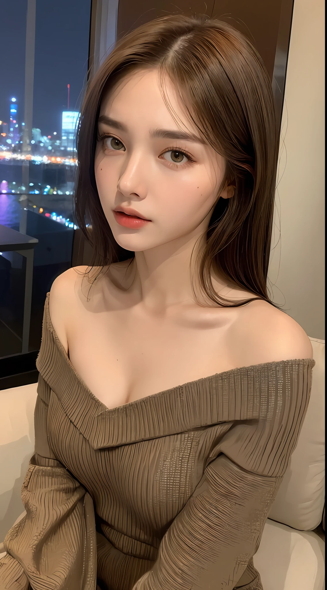 ((Night view, realistic light, best quality, 8k, masterpiece: 1.3)), 1girl, pretty woman with slim figure: 1.4, (brown hair, medium breasts: 1.3), off-the-shoulder cut top: 1.3, sofa, super detailed face, detailed eyes, double eyelids