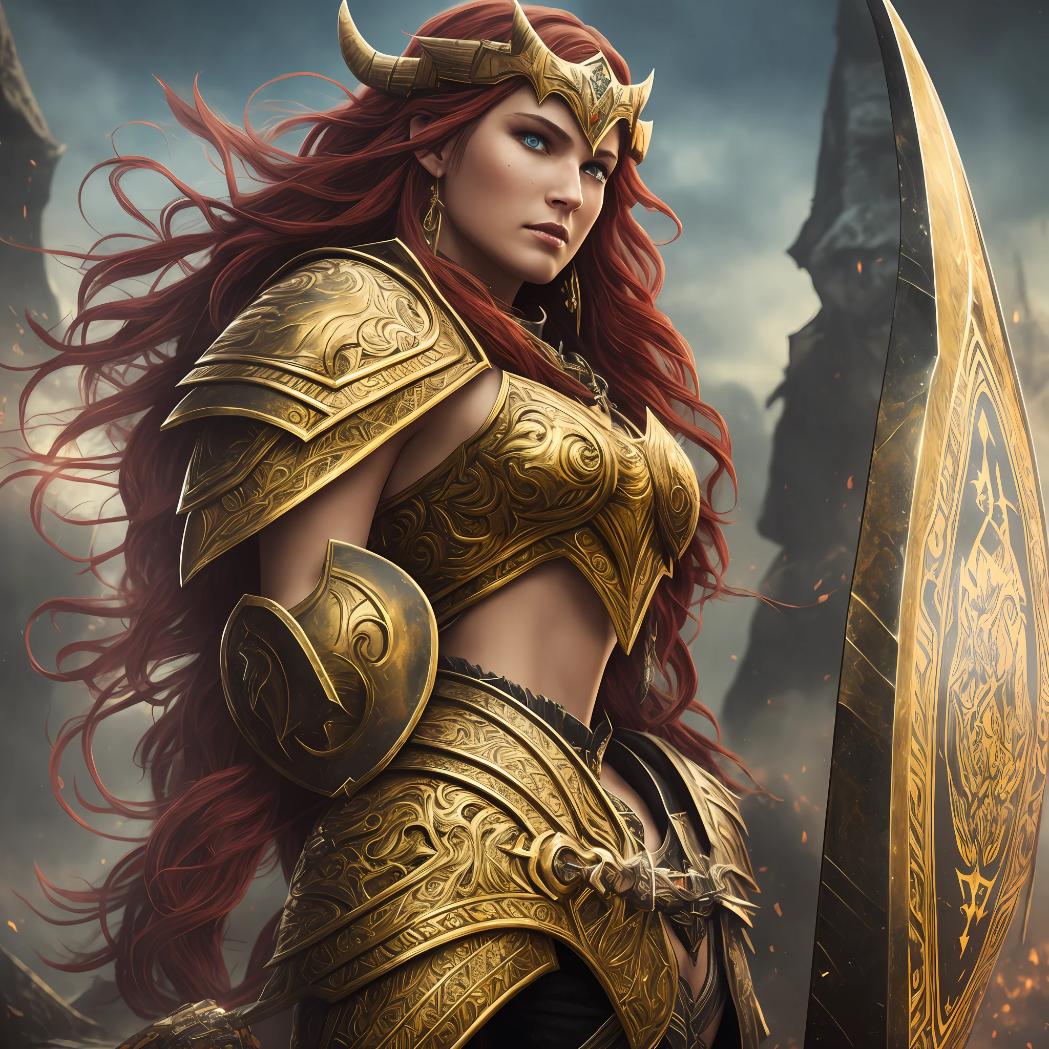 Golden armor, potrait berserker, barbarian woman, fantasy art, from her gaze alone enemies starting to panic, a head, devilish smile, beast of hell, demon, white fire sky, warrior, with sickle and shield, beautiful, women, Werelion, long red hair braided, bright golden eyes, realistic, highly detailed, Unreal Engine, 8k-upscale --auto --s2