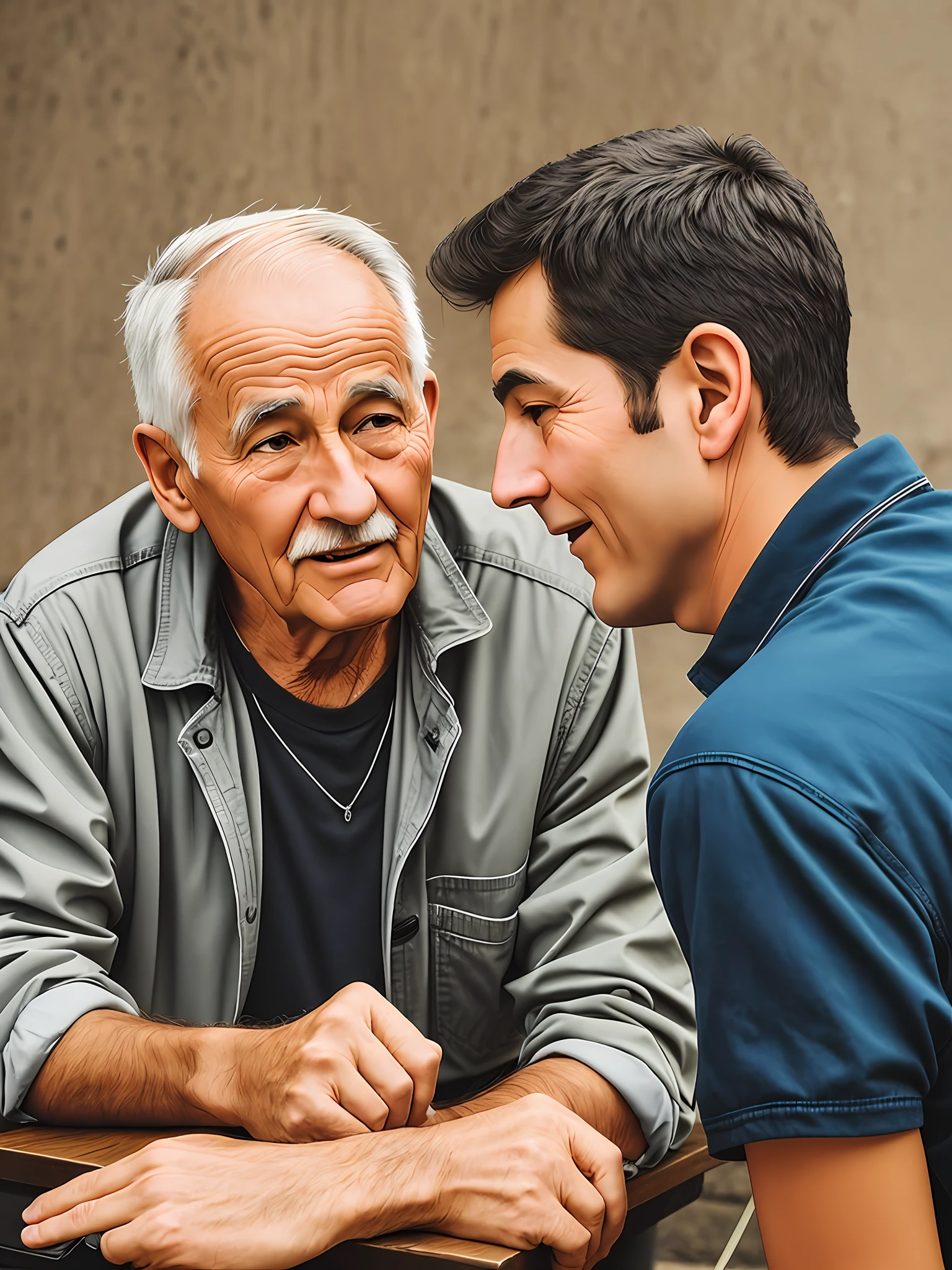 Old man talking to middle-aged young man
