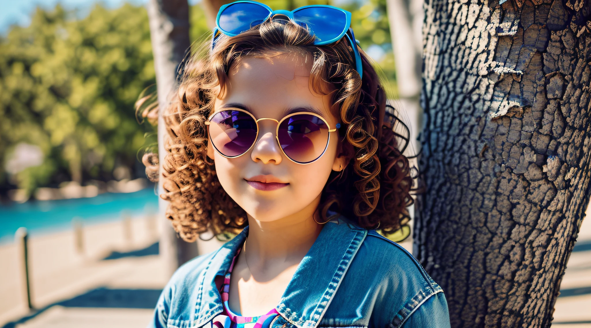 GIRL CHILD with curly hair wearing sunglasses and a bow, girl with glasses, with sunglasses, wearing fresh sunglasses, with sunglasses, sunglasses on, young and cute, katelynn mini cute style, wearing blue sunglasses, alexa grace, modeling essay, blue sunglasses, wearing sunglasses,  photo shoot, in sunglasses, bright sunny day, beautiful, music video