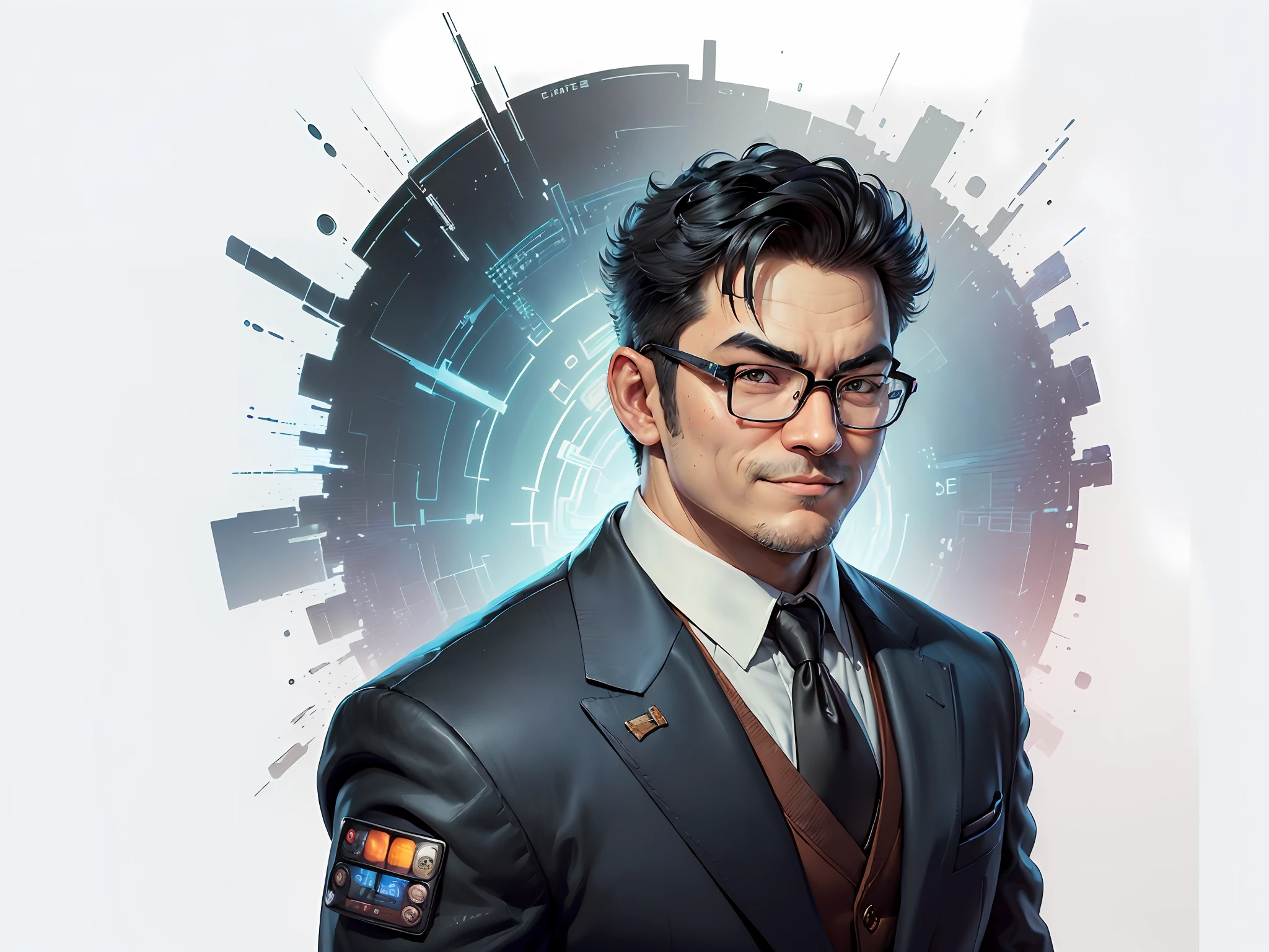 (((Masterpiece), (Excellent), (Super Meticulous), (Full Body: 1.2), Super Young Man, Oriental Face, Japanese Wind and Thunder God, Dragon, Tiger, TV Anchor, Bust Portrait Illustration, Alone, Black Formal Suit, Blue Tie, Slightly Chubby Face, Silver Glasses Face Very Clean No Beard, Black Super Short Hair, Black Eyes, Confident Smile, 3c Computer Sub-Products, iPad, iPhone, Digital Painting, 3D Character Design by Akira Toriyama and Mark Claireden and Pixar and Hayao Miyazaki, The illustration is a high-definition illustration in 4K resolution with very detailed facial features and cartoon-style visuals.