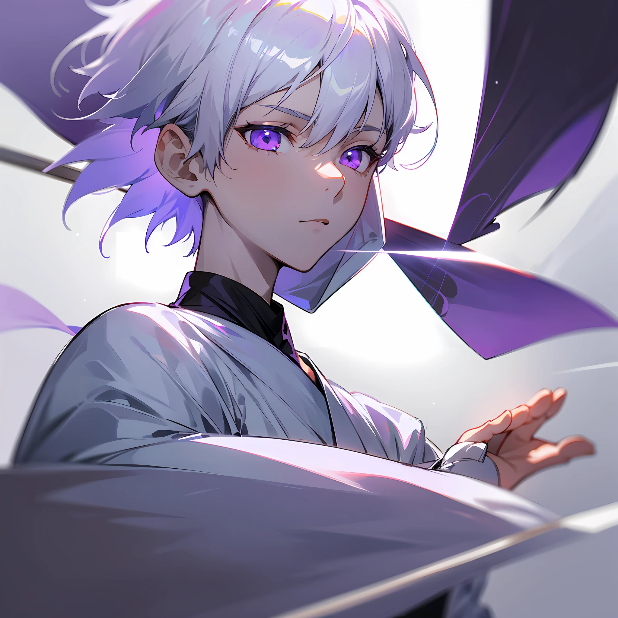 white skin, ultra beautiful face, sigurando a katana, small sword, ambient light, pessonage, anime, boy with short hair, silver white, purple eyes, beautiful eyes, shy, Maximum quality.