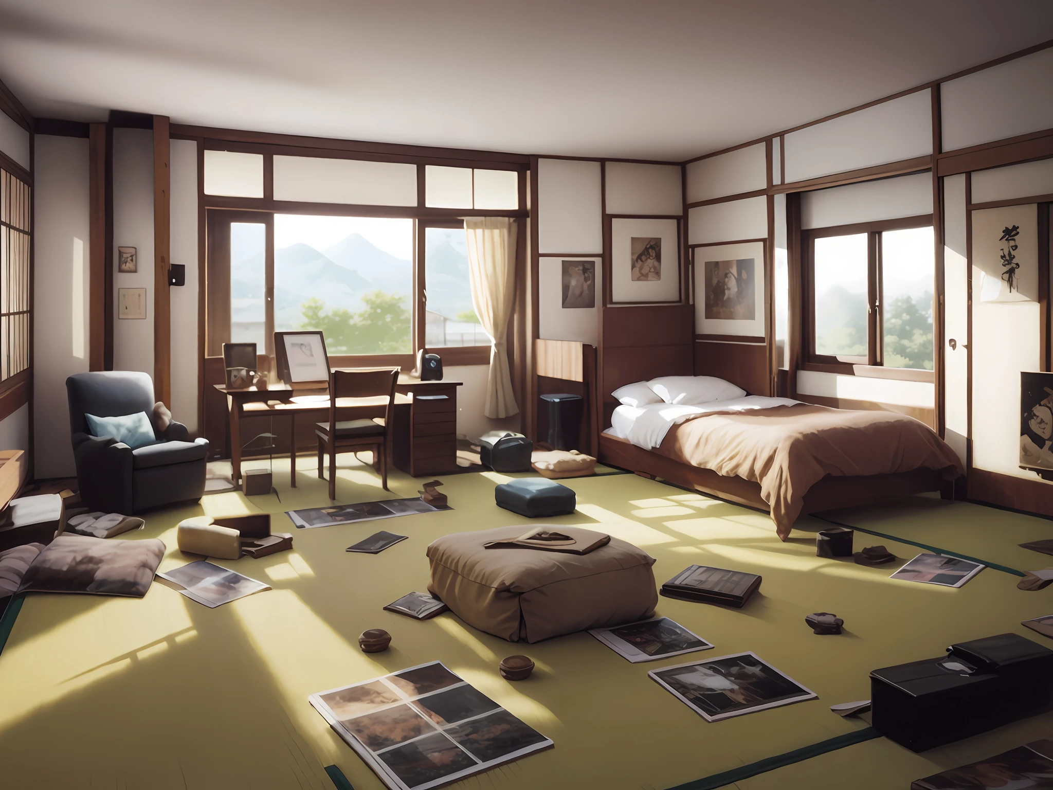 A large number of photos scattered on tatami mats