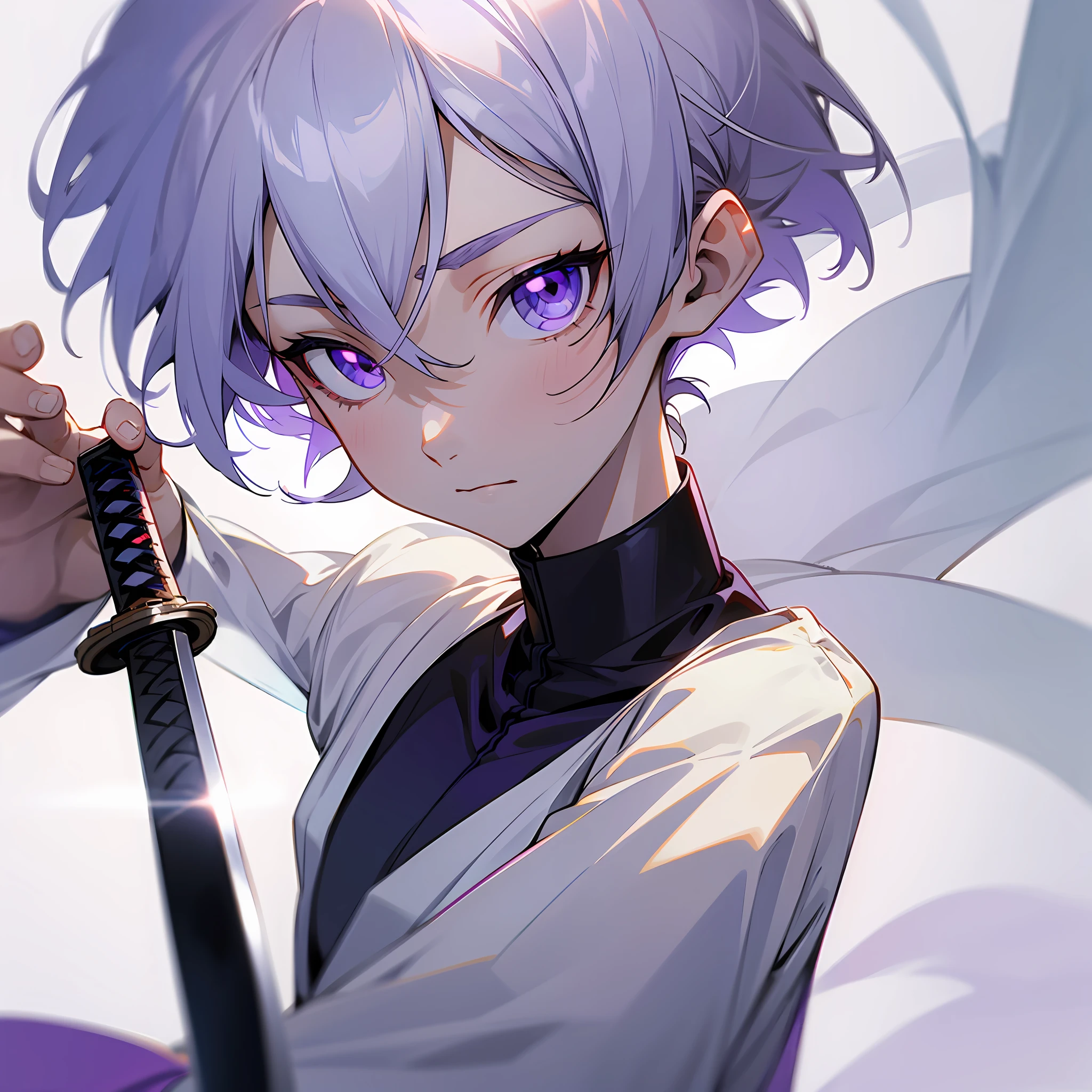 white skin, ultra beautiful face, sigurando a katana, small sword, ambient light, pessonage, anime, boy with short hair, silver white, purple eyes, beautiful eyes, shy, Maximum quality.