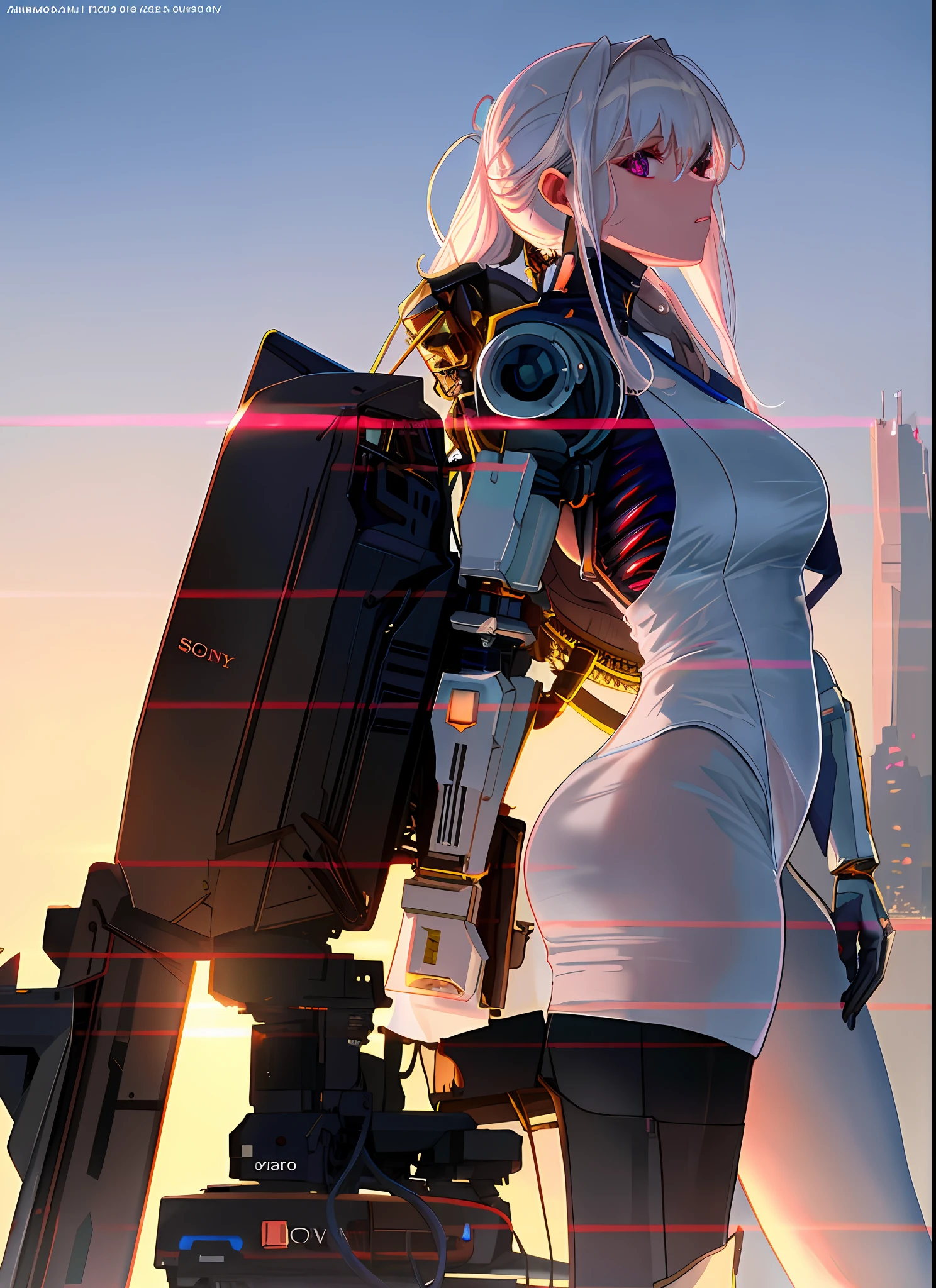 Dystopian, [sci-fi], High Detail RAW color Photo, Full Shot, rear angle, of (cute female arterial intelligence, wearing see-through white chemise), outdoors, standing, on overlook, looking out at sprawling cyberpunk city skyline), toned physique, large ass, (pale skin), perfect face, seductive look, (cybernetic implants:1.2), (augmentations), (cyborg:1.1), (detailed skin, diffused skin pores), silicone, metal, (highly detailed, fine details, intricate), (lens flare:0.5), (bloom:0.5), smog, dust, (badlands:0.8), (observitory:0.7), raytracing, specular lighting, shallow depth of field, photographed on a Sony Alpha 1, EF 85mm lens, f/2.8, hard focus, smooth, cinematic film still, [Cyberpunk:Orwelian:12]