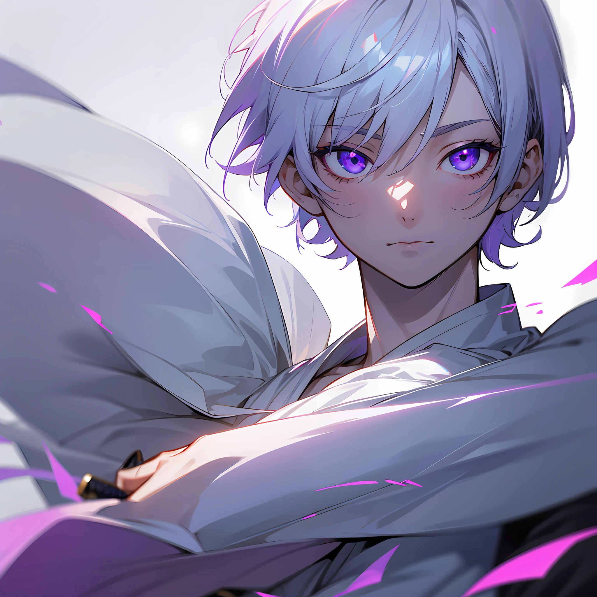 white skin, ultra beautiful face, sigurando a katana, small sword, ambient light, pessonage, anime, boy with short hair, silver white, purple eyes, beautiful eyes, shy, Maximum quality.