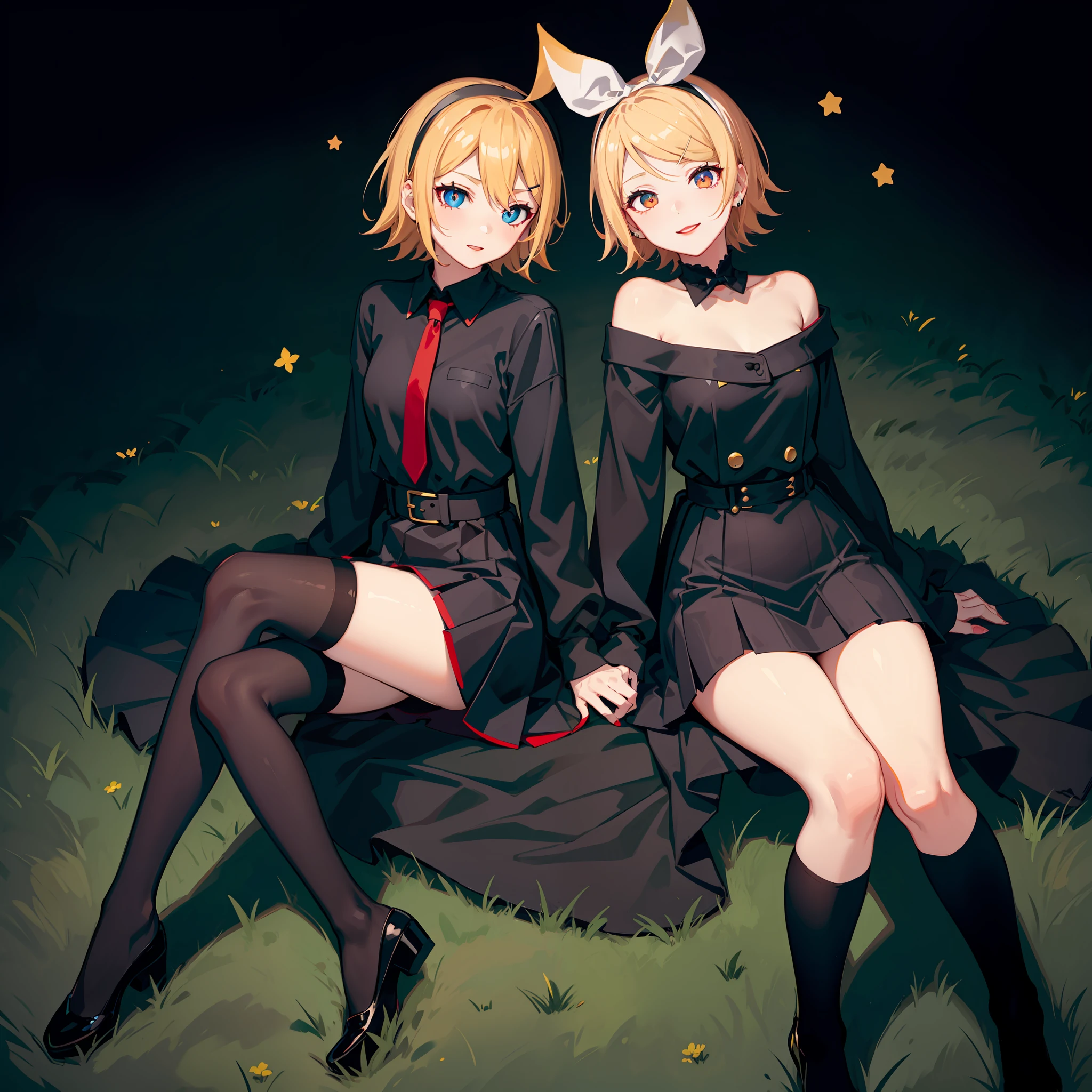 Kagamine rin, knee-length black dress, blue eye and red eye, black tights, sitting on the grass, blond hair, red lips, sweet smile