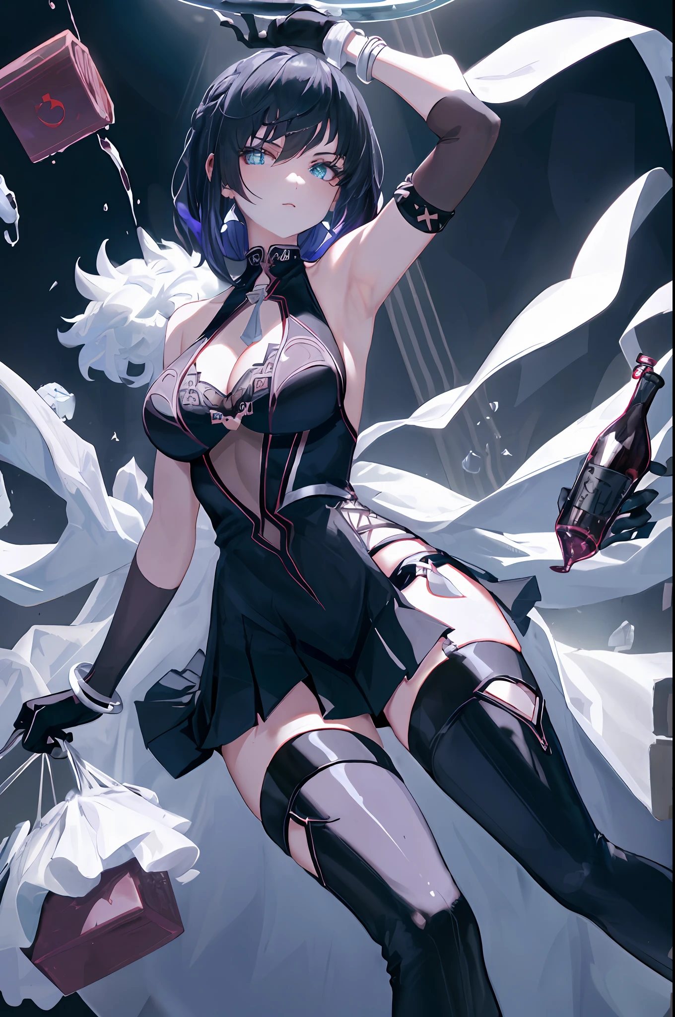 YELAN, 1girl, alcohol, ((alternate costume)), armlet, bare shoulders, black background, black dress, black pleated skirt, ((PLEATED SKIRT)), black gloves, black thighhighs, breasts, cleavage, criss-cross halter, cup, dress, drinking glass, flower, gloves, gradient background, hair between eyes, short hair, halterneck, holding, holding cup, jewelry, large breasts, looking at viewer, necklace, blue nails, see-through gloves, solo, thighhighs, thighs, wine, wine glass, ((masterpiece)),