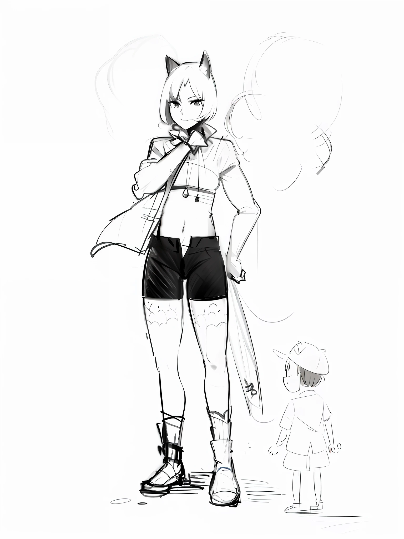 sketches of a woman in shorts and a cat hat, full body concept, full body portrait of a short!, full body character concept, unrealistic character concept, full body character drawing, proportions off, realistic proportions sfw, clothing concept, rough sketch, character concept, concept character, character design sketch, clear outfit design, ( ( character concept art ) ) --auto --s2