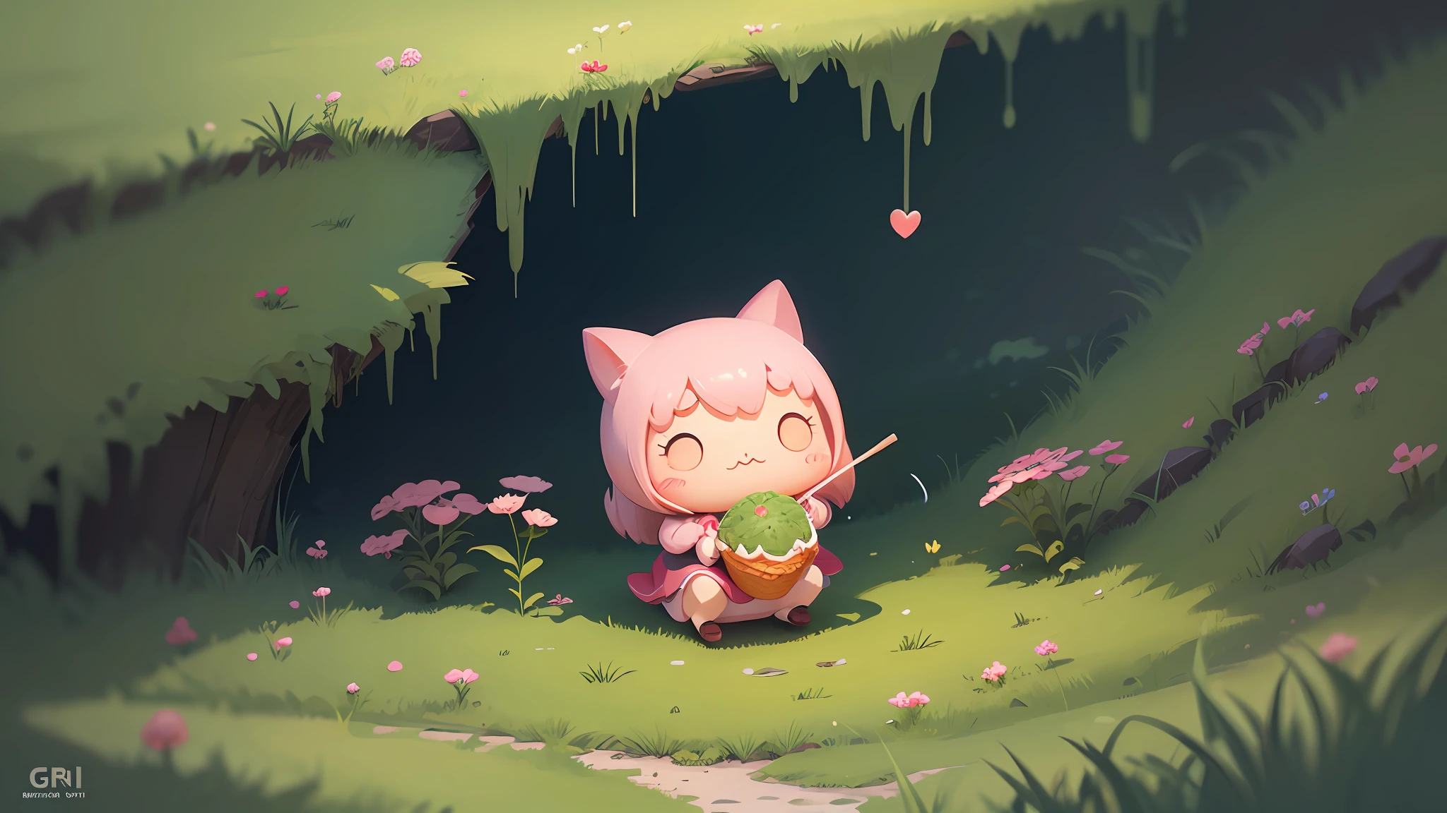 cartoon girl holding a strawberry ice cream that is melting in the grass, cute detailed digital art, cute detailed art, adorable digital painting, inspired by Goro Fujita, detailed fanart, awesome food illustration, kids art on artstation, cute digital art, loish and goro fujita, mobile game art, 2d illustration, 2d illustration, cute artwork --auto --s2