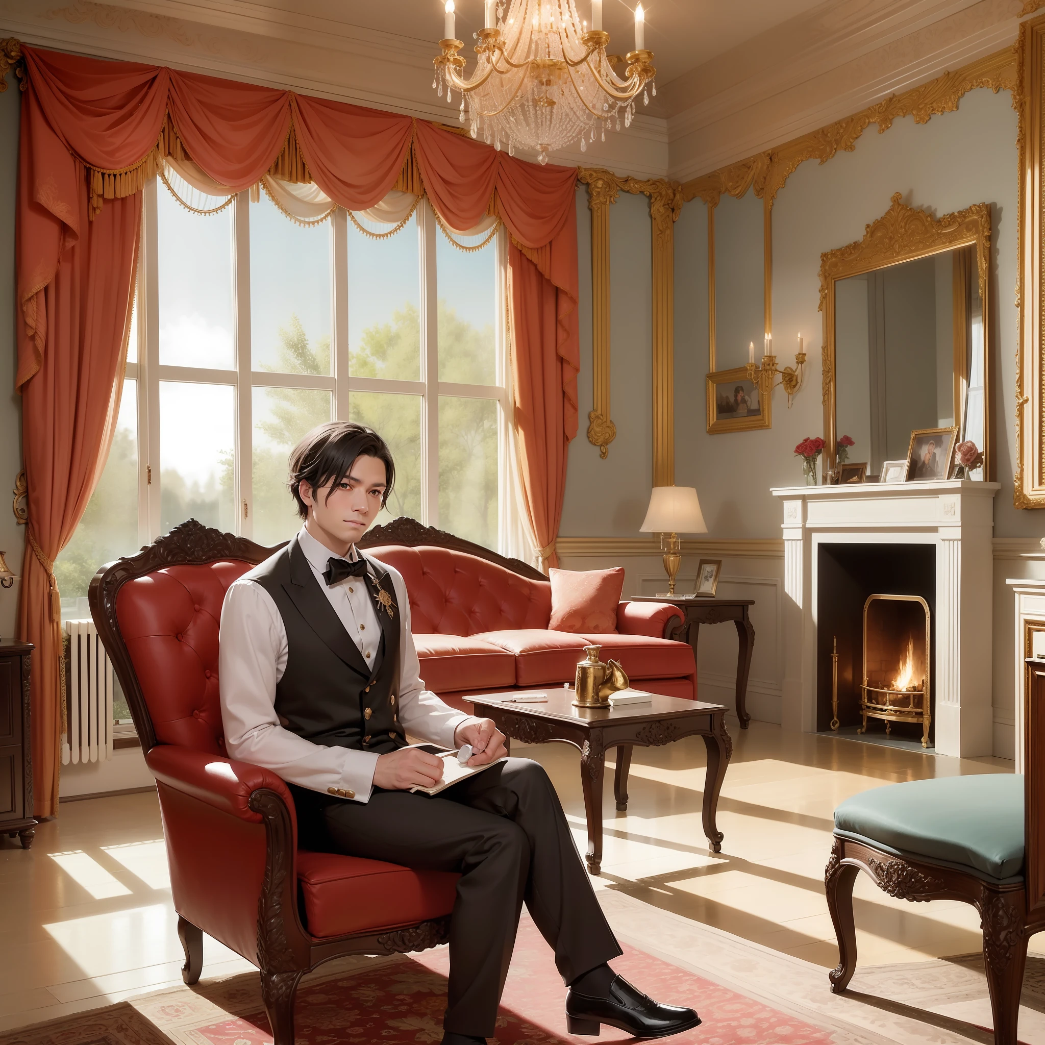 Imagine prompt: A man from the second half of the 19th century in typical clothes is sitting in a richly decorated room, surrounded by elegant furniture and sophisticated adornments. He wears a flask, vest, high-collared shirt and bow tie. Her hair is combed back with glitter. In the background, there's a lit fireplace, portraits of family members on the walls, and heavy curtains framing tall windows. The lighting is soft, coming from golden chandeliers and lampshades with fabric domes. The scene conveys a sense of refinement and opulence. Oil painting on canvas, Baroque style, strong man