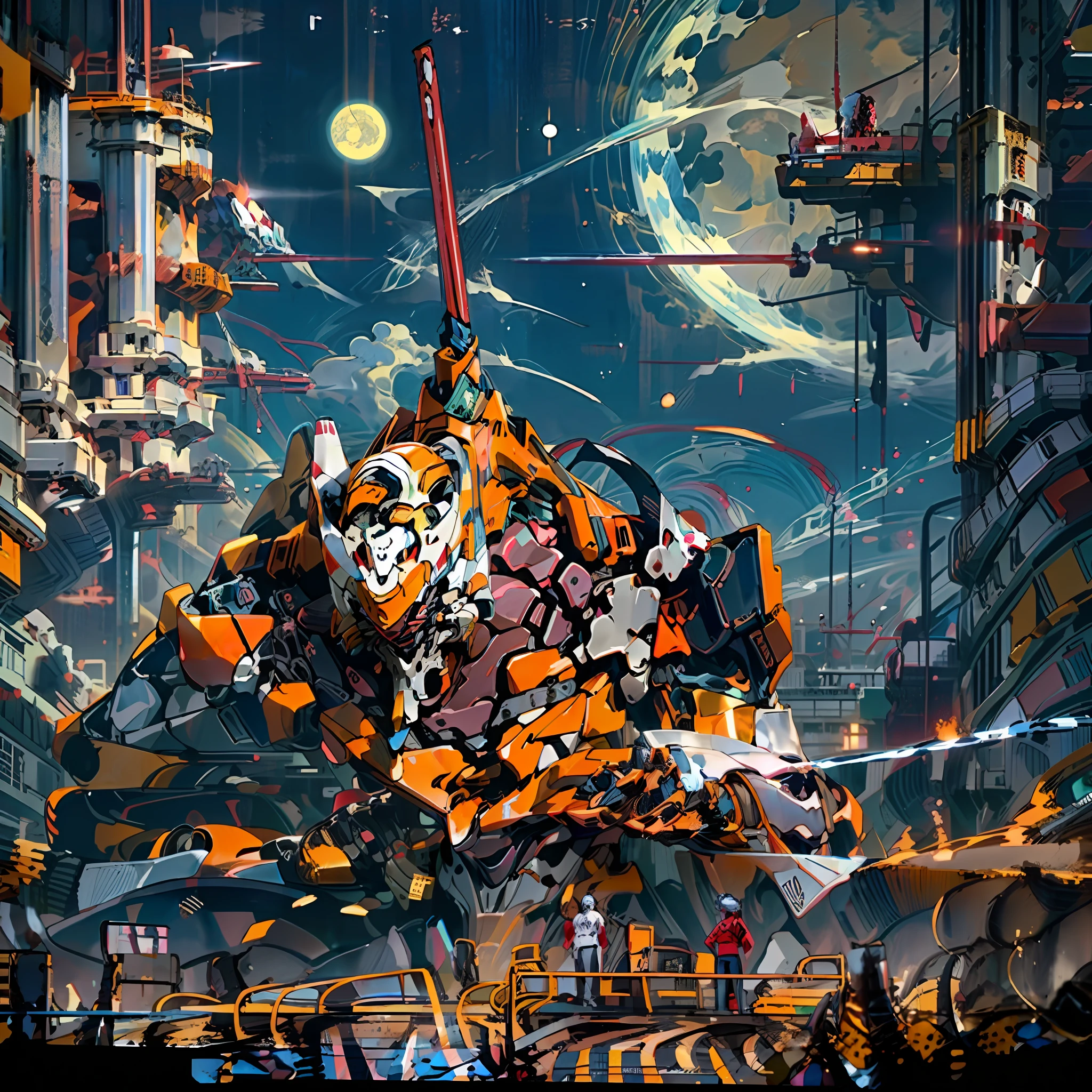 lunar, outer space, holding_weapon, no_humans, 1machine, camera gaze, EVANGELION, golden glowing, (with Japan sword: 1.3), Japan city, traditional, science fiction, (Japan building), urban, reality,