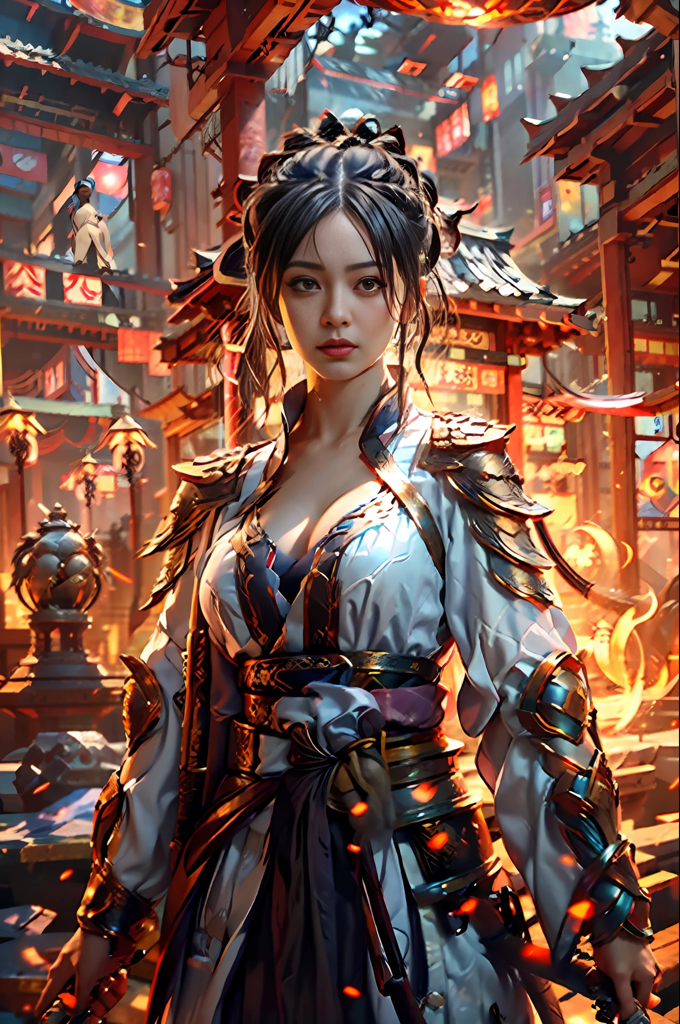 Best quality,masterpiece,ultra high res,(photorealistic:1.4),xiuxian,weapon,Detailed face,
1girl,solo,weapon,cleavage,(magic circle:1.2),xiuxian,upper body,Beautiful girl,big breasts body,east asian architecture,sheath,architecture,