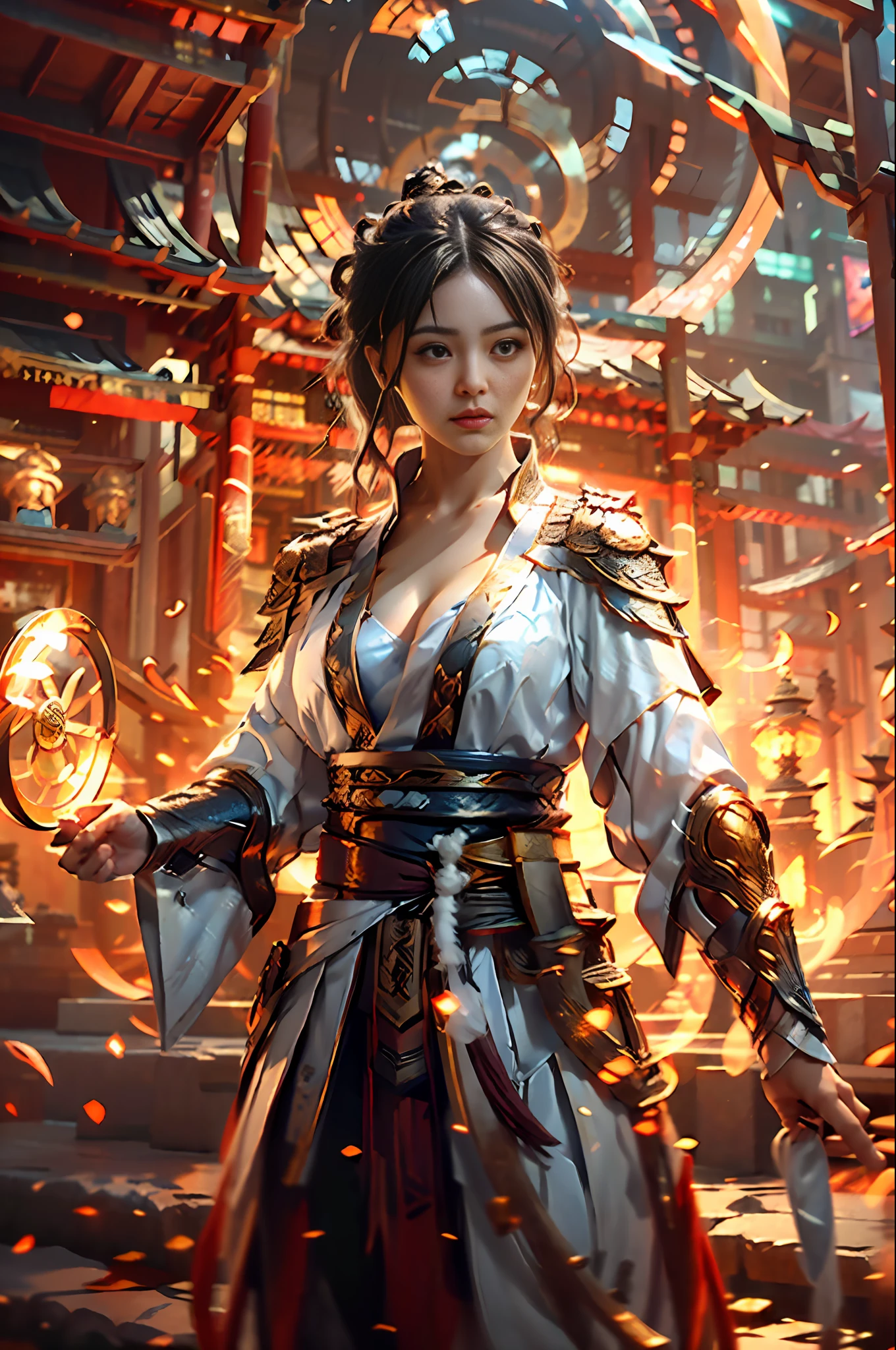 Best quality,masterpiece,ultra high res,(photorealistic:1.4),xiuxian,weapon,Detailed face,
1girl,solo,weapon,cleavage,(magic circle:1.2),xiuxian,upper body,Beautiful girl,big breasts body,east asian architecture,sheath,architecture,
