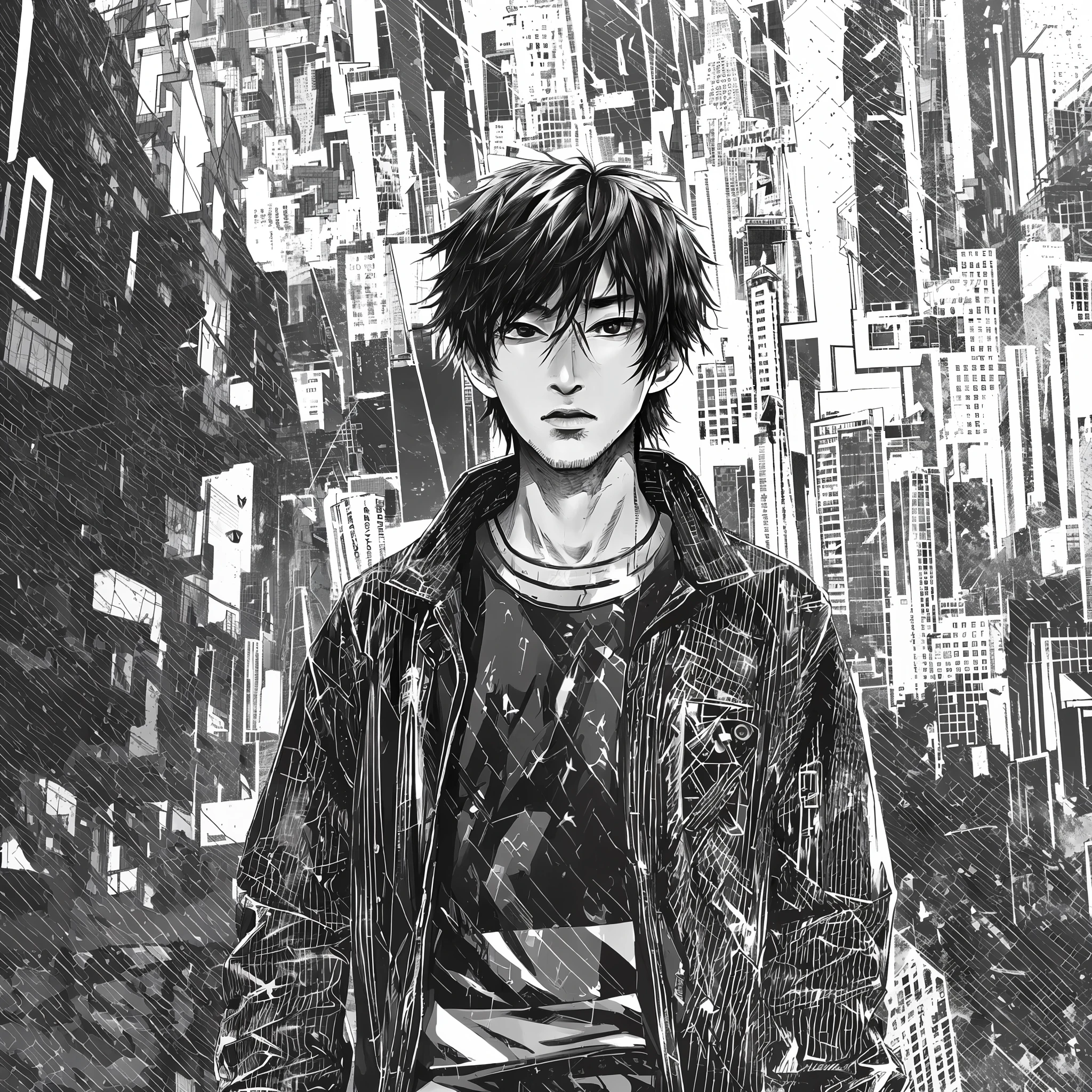 grayscale, monochrome, halftone, drawing, manga, Japanese. Kai Nakamura,he is ************,Kai has spiky black hair, piercing brown eyes and a determined expression. He is tall and possesses an athletic build. Kai wears practical, modern clothes reflecting his adventurous spirit. Kai wishes to become a renowned photographer. He is fascinated by the different landscapes and cultures around the world, and seeks to capture meaningful moments with his camera. Her goal is to use photography as a means to connect people and share inspiring stories that cross borders. --auto --s2