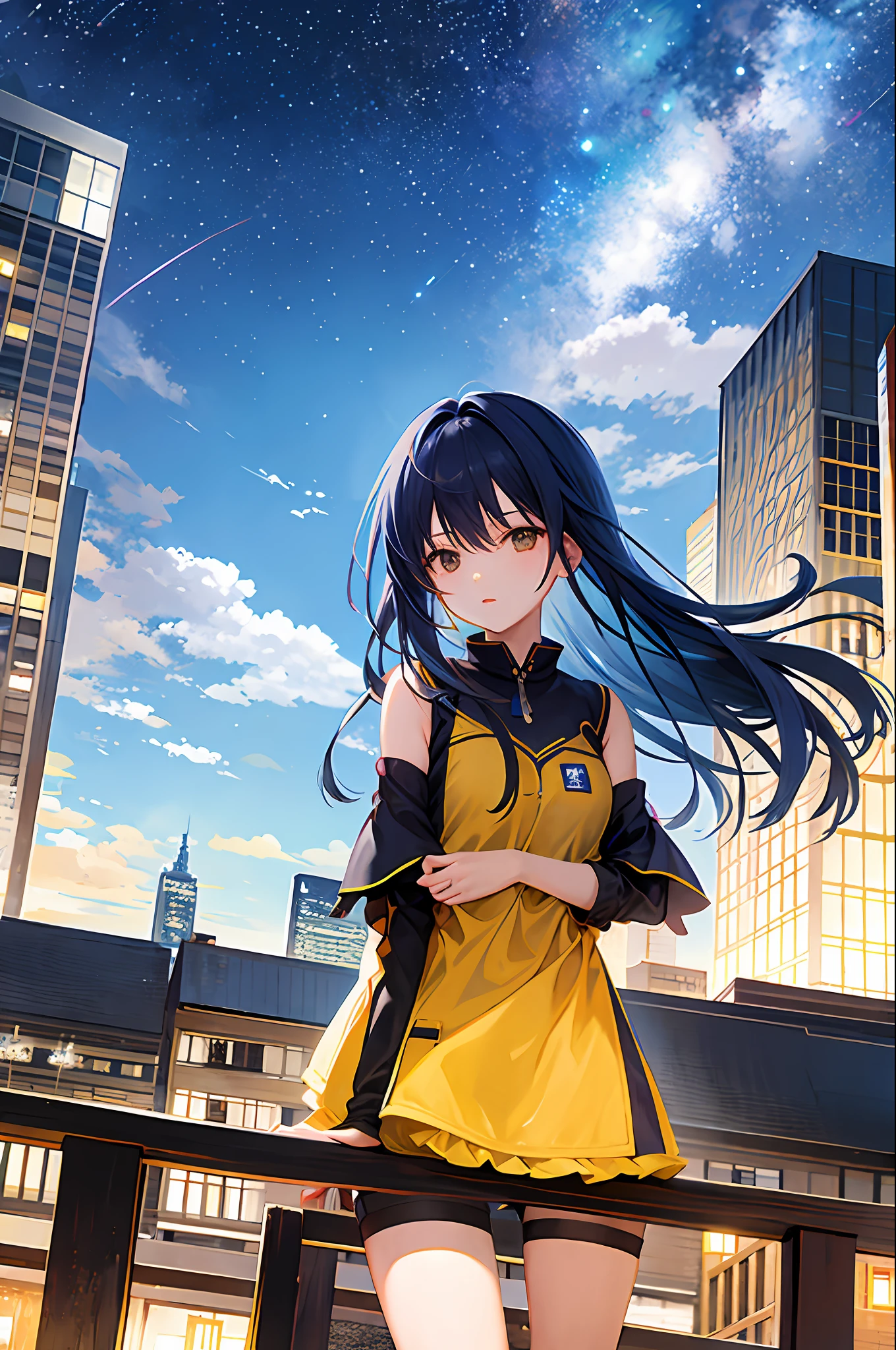 octans, sky, star (sky), scenery, starry sky, night, 1girl, night sky, solo, outdoors, building, cloud, milky way, sitting, tree, long hair, city, silhouette, cityscape