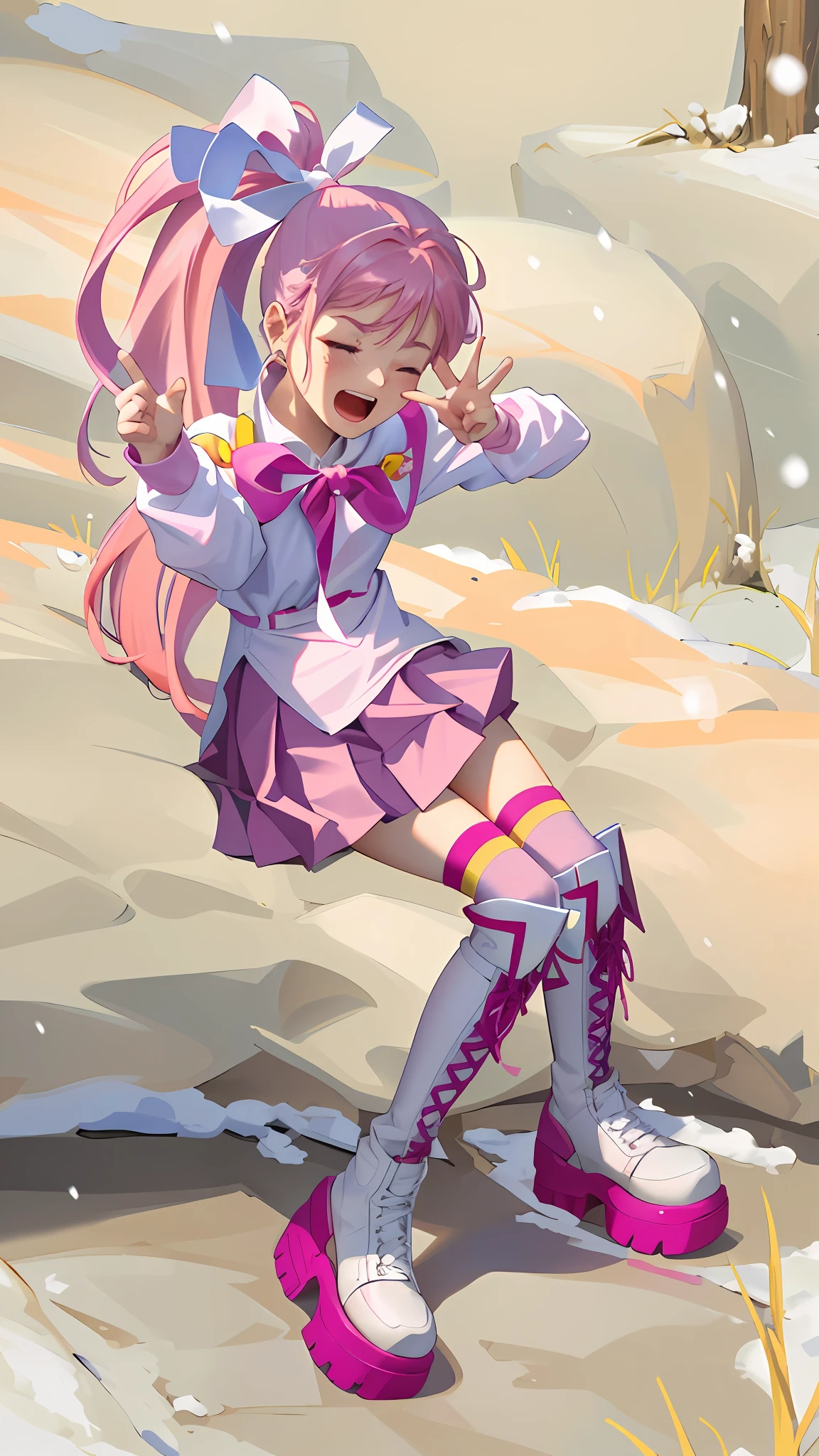 (Masterpiece: 1.5), (Best quality: 1.5), 8k,1 girl, eyes closed, mouth open, screaming, pink hair, single ponytail, white top, pink pleated skirt, pink over-the-knee socks, white boots, (snow: 1.5)