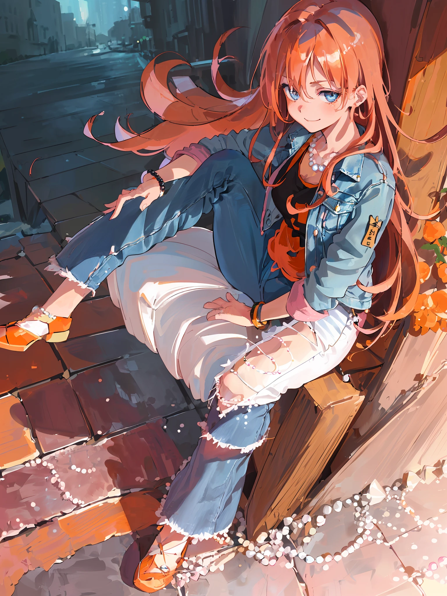 ((highest quality, masterpiece, 4k, finely detailed, detailed eyes, detailed face, gelbooru, pixiv)), warm lighting, ((solo)), 1 female, beautiful, (female), adult woman, white Brazilian, closeup of the face, portrait, light blush on the cheeks, smiling, looking at the viewer, ((enthusiastic eyes, blue eyes)), emo, (((denim jacket)), ((pink long tank top)), ((collated jeans)), bracelets and bracelets, ((pearl necklace)), ((full body)), ((red hair, orange hair, long length hair, neat hairstyle, neat hair, straight hair half wavy at the ends)), city background