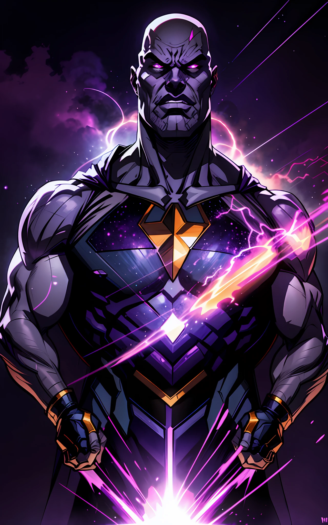 man, male focus, stunning angry Thanos, bald, purple cape, nebula space background, volumetric light, upper body, muscle, muscular, fantasy, dynamic angle, dynamic pose