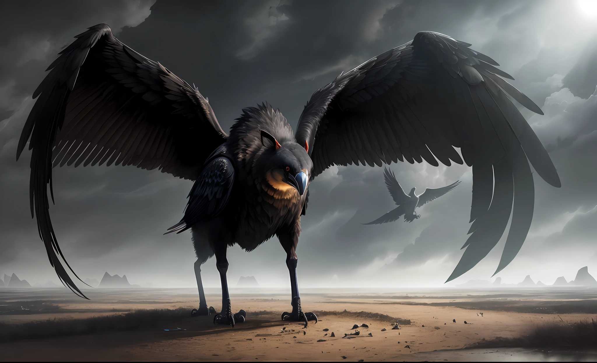 Photo of the world's most beautiful artwork featuring an open wings (vibrant, realistic photo, realistic, dramatic, dark, sharp focus, 8K), (global lighting, gloomy environment, volumetric half light)