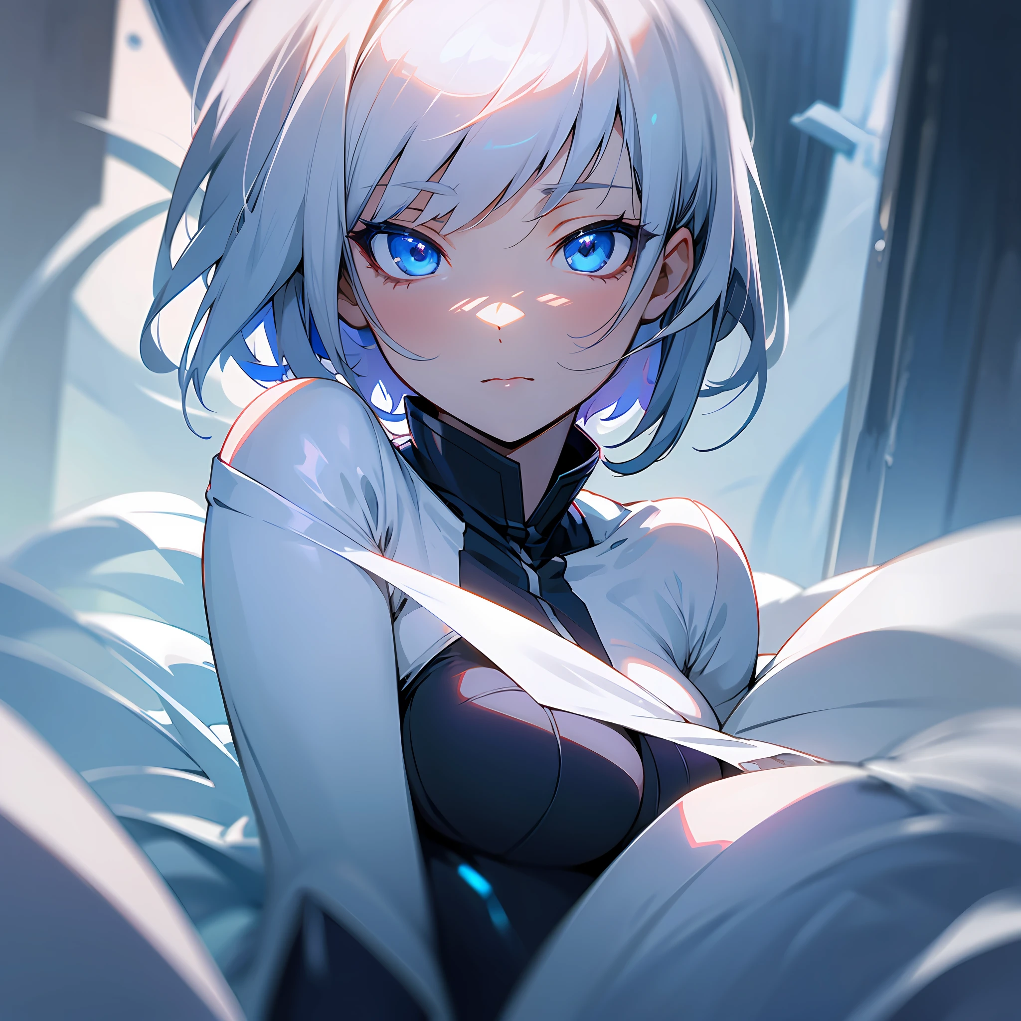 white skin, ultra beautiful face, breasts, breasts covering, hentai, ambient light, hentai pessonage, anime, short haired girl, silver white, blue eyes, gorgeous eyes, shy. , Maximum quality.