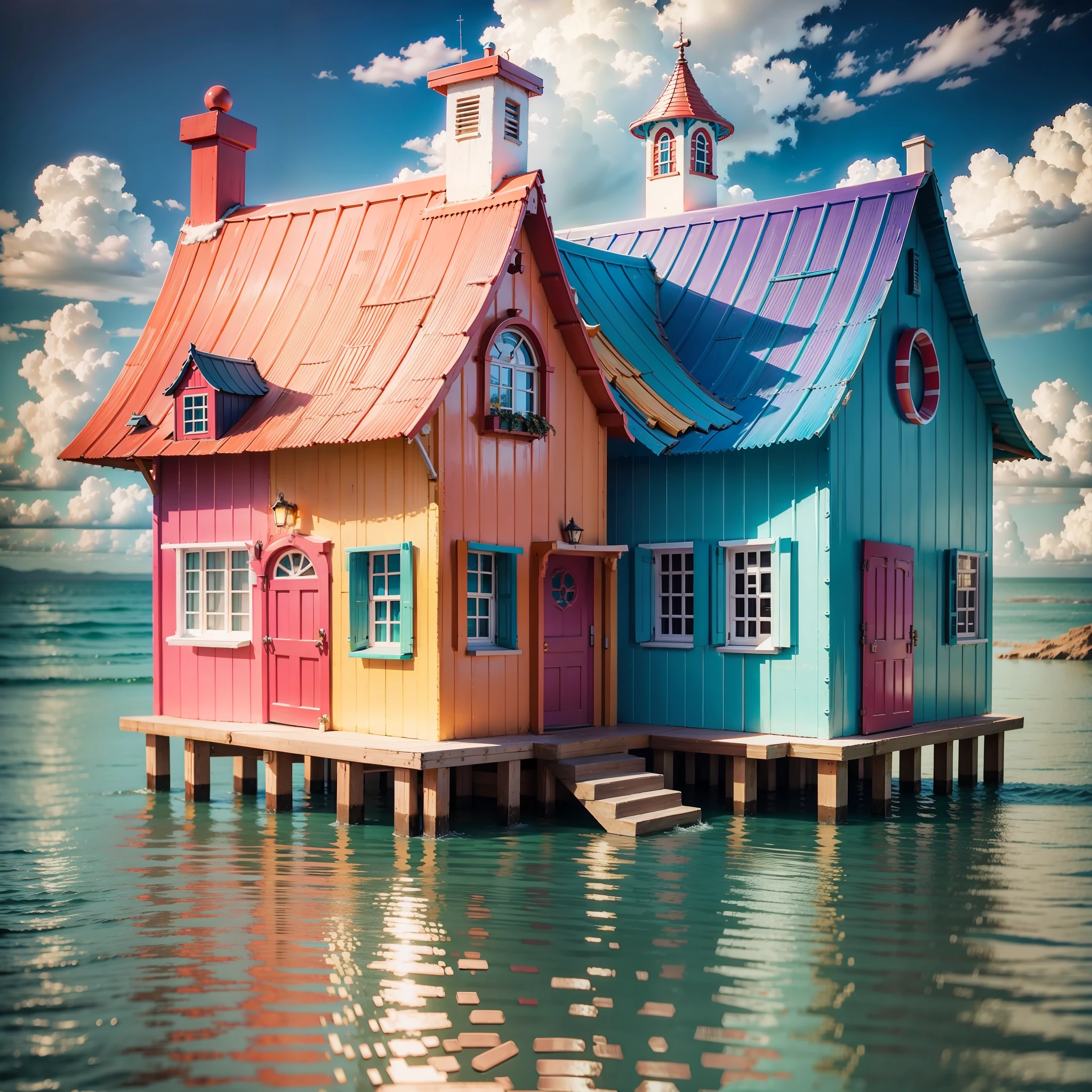 CREATE BACKGROUND WITH CANDY HOUSE IN THE MIDDLE OF THE OCEAN WITH BRIGHT AND VIBRANT COLORS