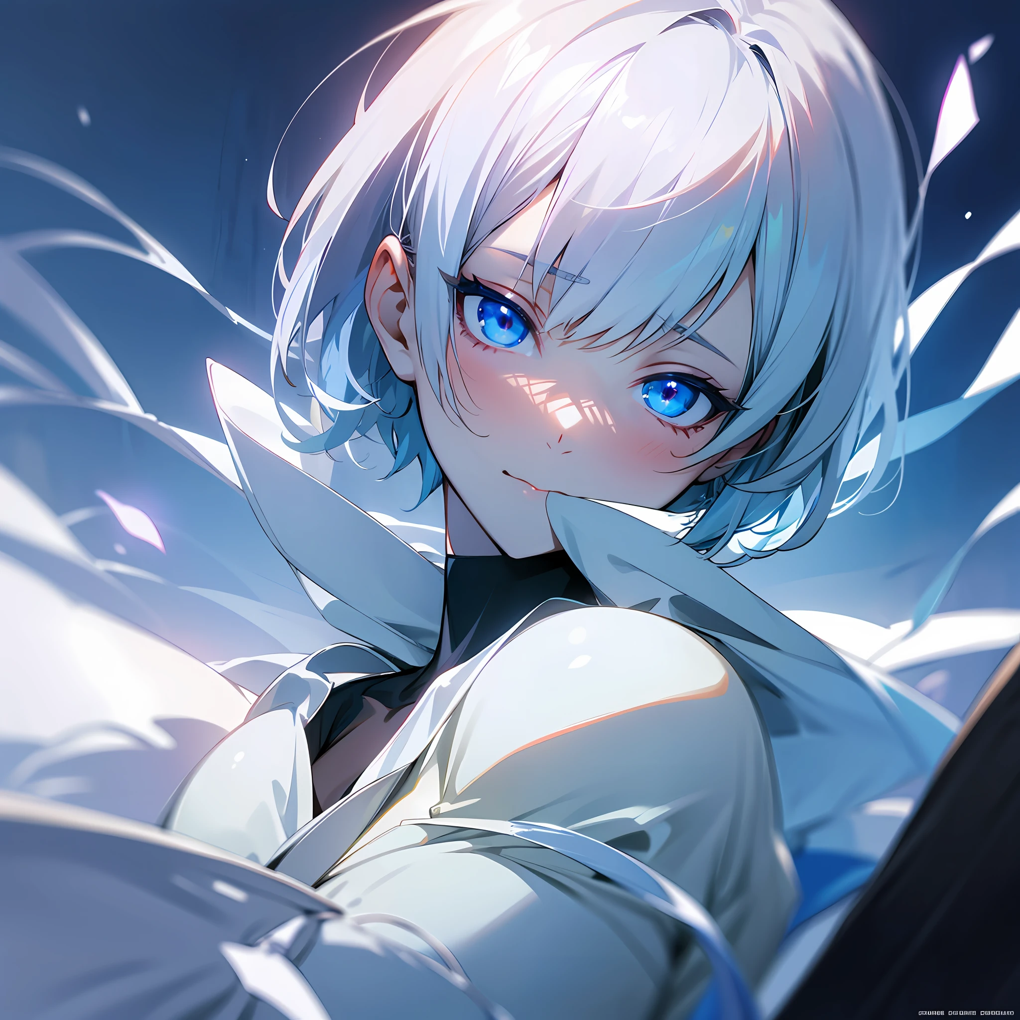white skin, ultra beautiful face, breasts, breasts covering, hentai, ambient light, hentai pessonage, anime, short haired girl, silver white, blue eyes, gorgeous eyes, shy. , Maximum quality.