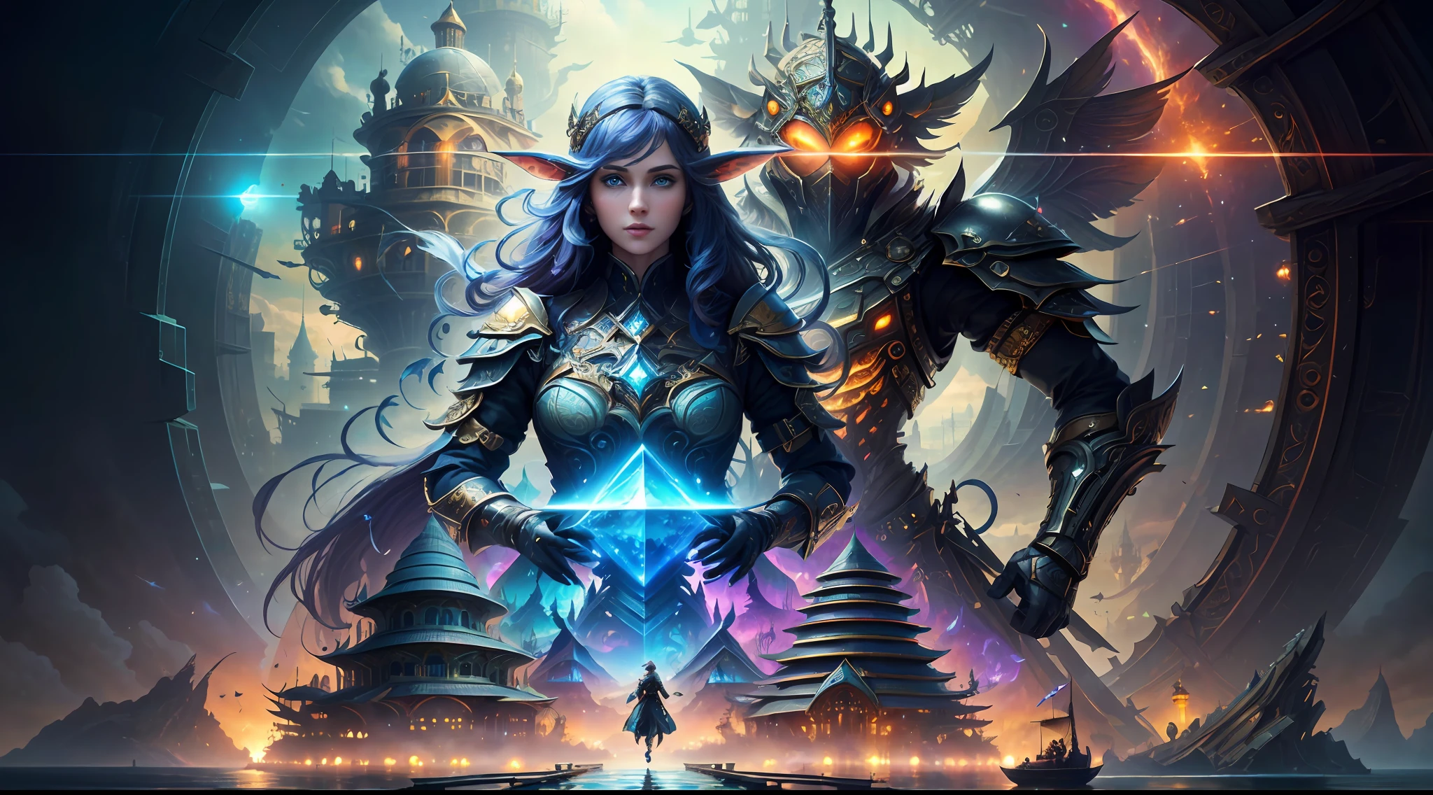 (((Multiplayer, Vivid Eyes, Man and Woman))), Best Quality, Realistic, Realistic, Award-Winning Illustrations, (Intricate Details: 1.2), (Fine Details), (Intricate Details), (Cinematic Light, Best Quality Backlight), Clear Lines, Sharp Focus, Official Art, Unity 8k Wallpapers, Ridiculous, Incredibly Absurd, Fantasy Art, (((Full Body Portrait))), RTX, ((Award-winning Triangle Studio Close-up Photo)), 1 couple, (shut up), best quality, 4K, beautiful mysterious creatures, female, flying, surrealism, masterpiece by ncwinters, in a mysterious country town, masterpiece, intricate details, ff14style, urban painting, bridge, river, giant mushroom, landscape, bright colors,