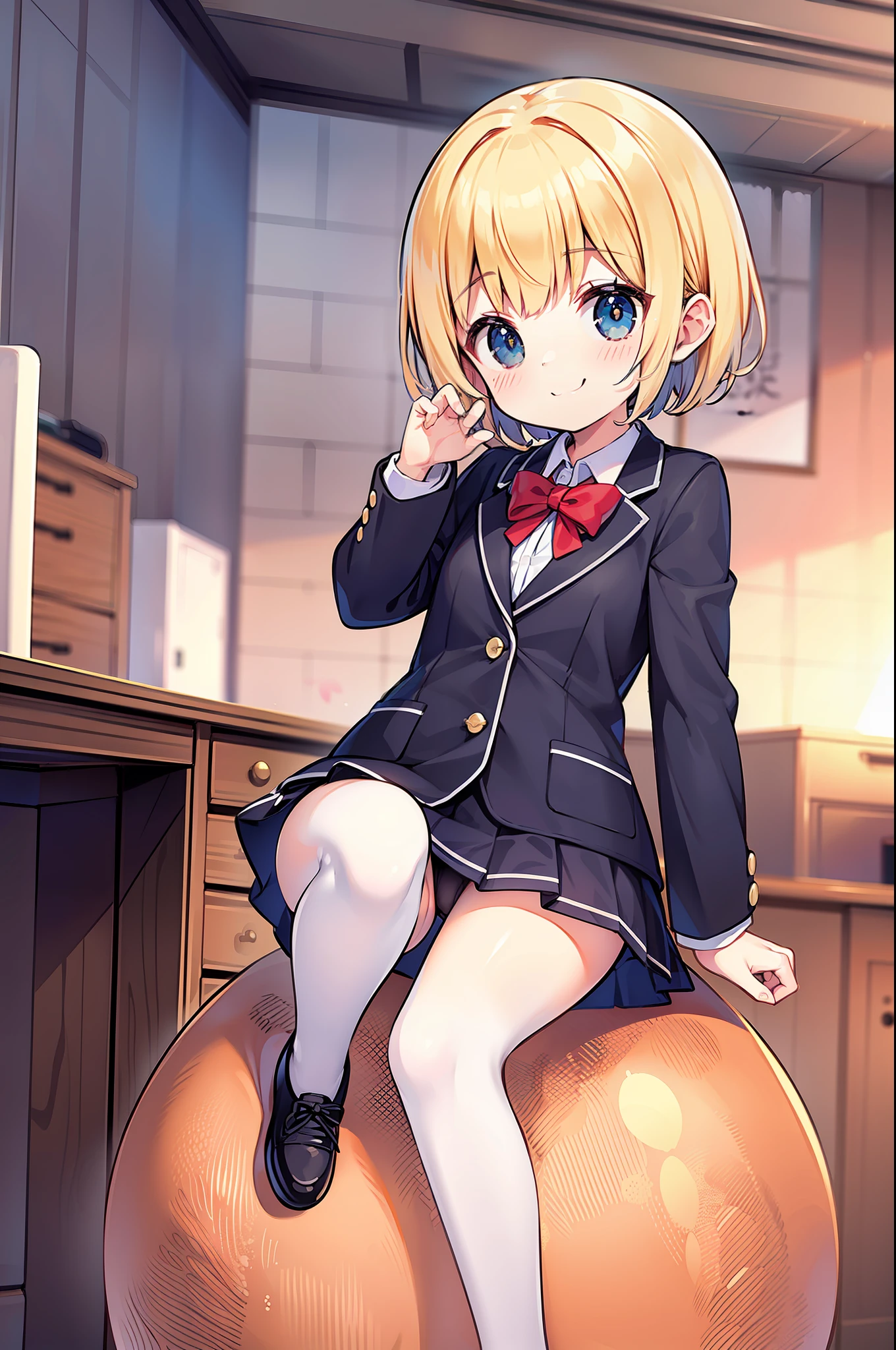  figure, shorthair, blonde, smile, classroom, : 3, blazer, mini skirt