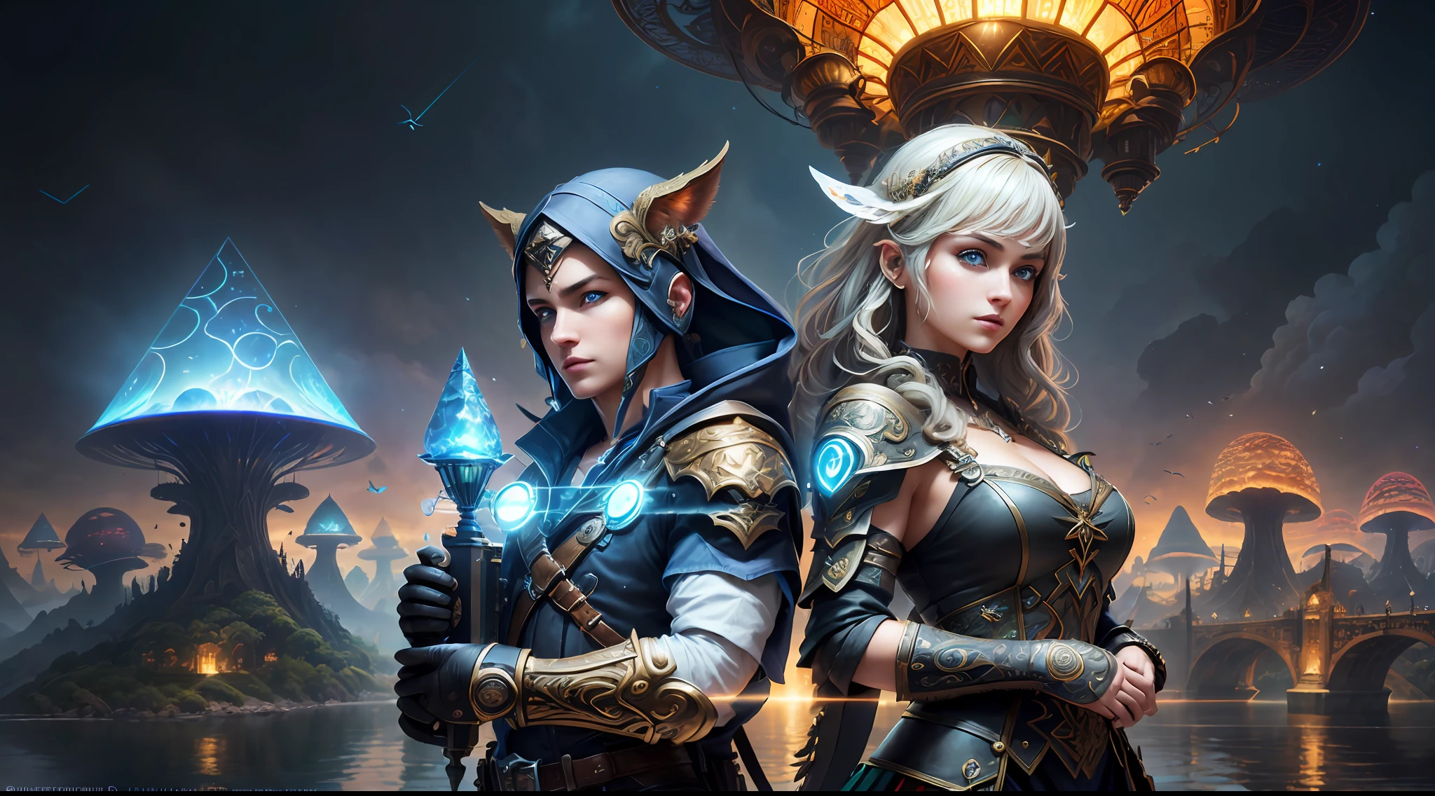 (((Multiplayer, Vivid Eyes, Man and Woman))), Best Quality, Realistic, Realistic, Award-Winning Illustrations, (Intricate Details: 1.2), (Fine Details), (Intricate Details), (Cinematic Light, Best Quality Backlight), Clear Lines, Sharp Focus, Official Art, Unity 8k Wallpapers, Ridiculous, Incredibly Absurd, Fantasy Art, (((Full Body Portrait))), RTX, ((Award-winning Triangle Studio Close-up Photo)), 1 couple, (shut up), best quality, 4K, beautiful mysterious creatures, female, flying, surrealism, masterpiece by ncwinters, in a mysterious country town, masterpiece, intricate details, ff14style, urban painting, bridge, river, giant mushroom, landscape, bright colors,