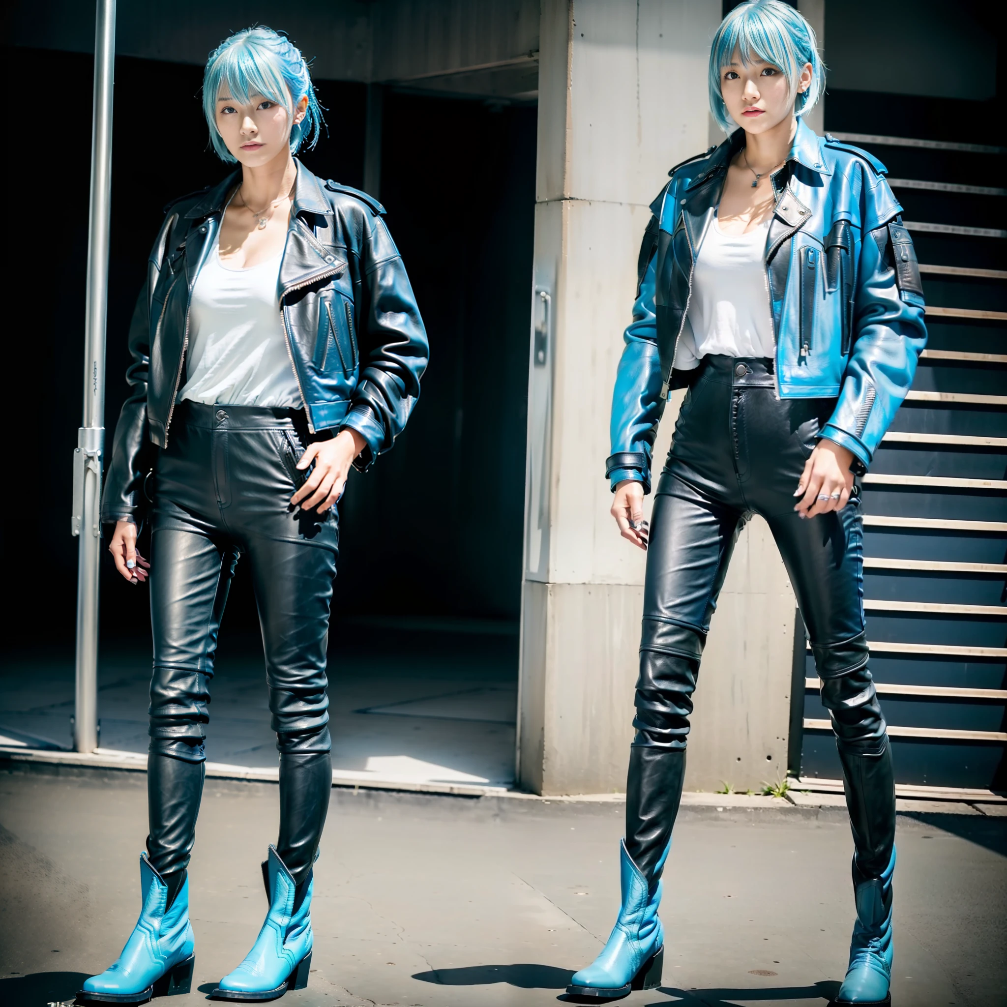 (((Masterpiece)))), (((highest quality)))), ((Real)))), ((8K))))), (3 Japan women), 18 years old, (boyish)), ((super tall))))), (super big breasts))))), looking at the camera, (portrait))), (all light blue)))), (light blue hair)))), (shortcut), ((( Riders Jacket)), ((Leather Pants)), (((Leather Boots))